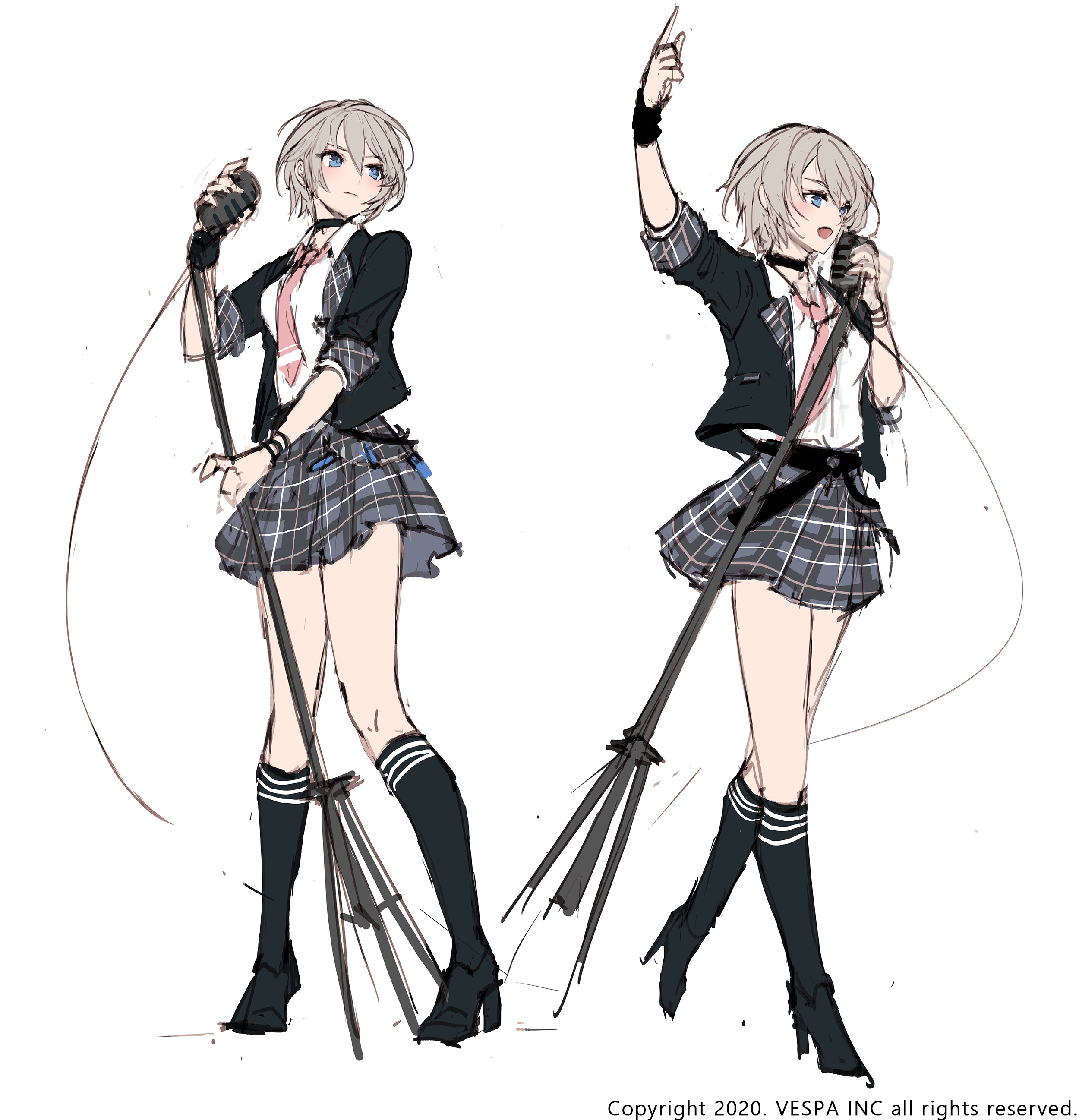 ezu (leejiyu), scarlet (king's raid), king's raid, absurdres, commentary, concept art, english commentary, highres, official art, 1girl, arm up, black jacket, black shoes, black socks, blazer, blue eyes, collared shirt, full body, grey hair, grey skirt, high heels, holding, holding microphone, holding microphone stand, jacket, microphone, microphone cord, microphone stand, multiple views, necktie, official alternate costume, plaid clothes, plaid skirt, red necktie, school uniform, shirt, shoes, short hair, skirt, socks, white shirt, wristband