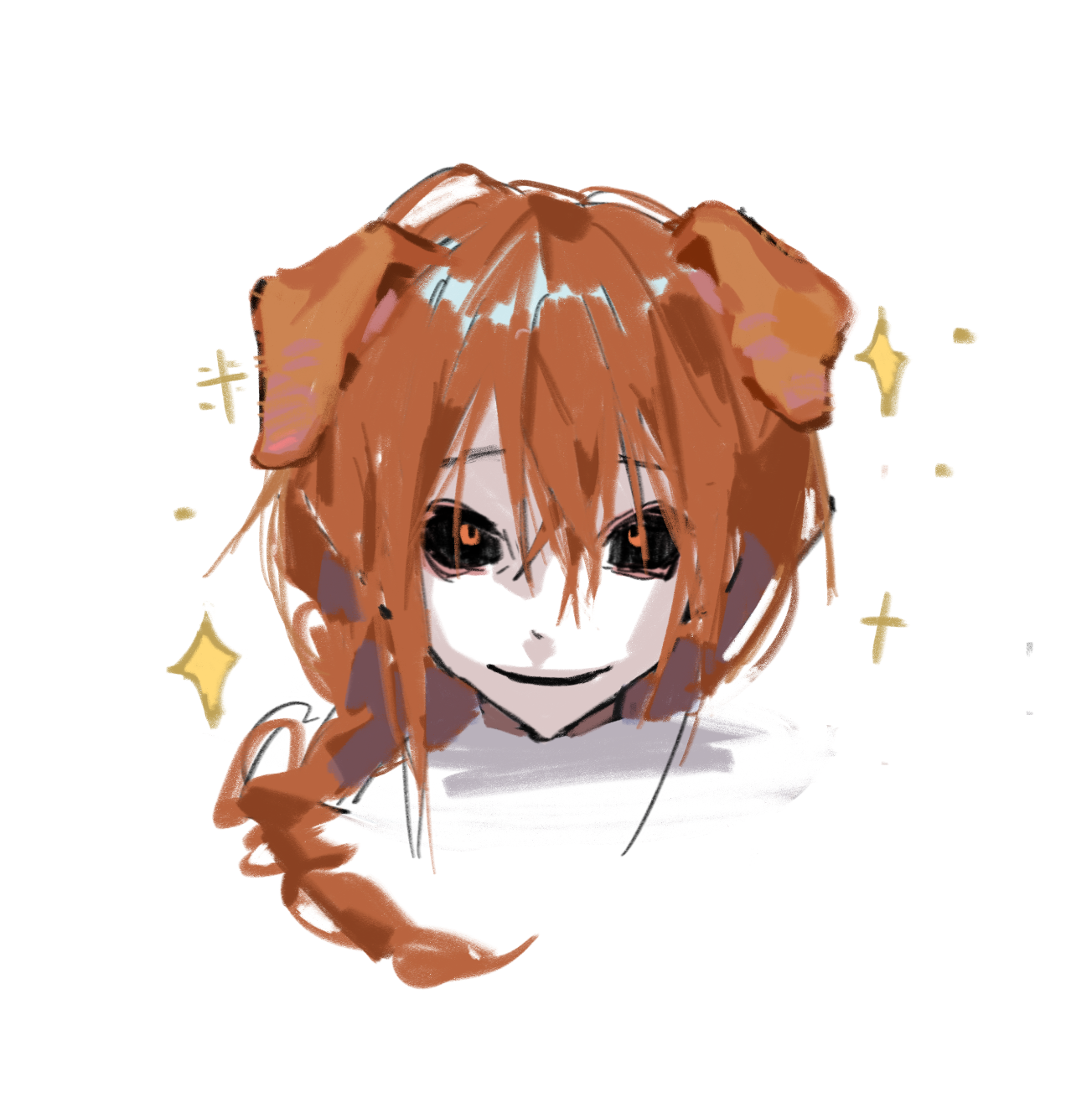 mr. chopped, homicipher, commentary request, highres, 1boy, animal ears, black sclera, braid, colored sclera, dog boy, dog ears, kali7827, kemonomimi mode, long hair, looking at viewer, male focus, orange eyes, orange hair, severed head, simple background, single braid, solo, sparkle, sparkling aura, white background