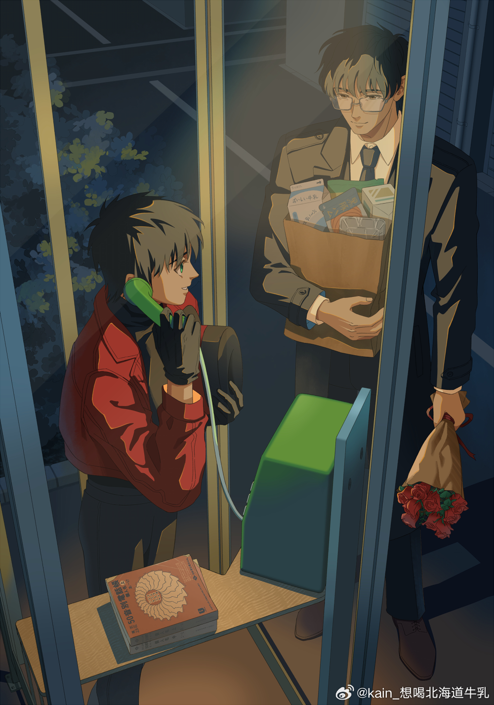jrkain, sakurazuka seishirou, sumeragi subaru, tokyo babylon, highres, 2boys, bag, black gloves, black hair, black jacket, bouquet, collared shirt, flower, glasses, gloves, grocery bag, hat, holding, holding bouquet, holding unworn clothes, holding unworn hat, jacket, looking at another, male focus, milk carton, multiple boys, outdoors, phone booth, red jacket, shirt, shopping bag, short hair, unworn hat, unworn headwear