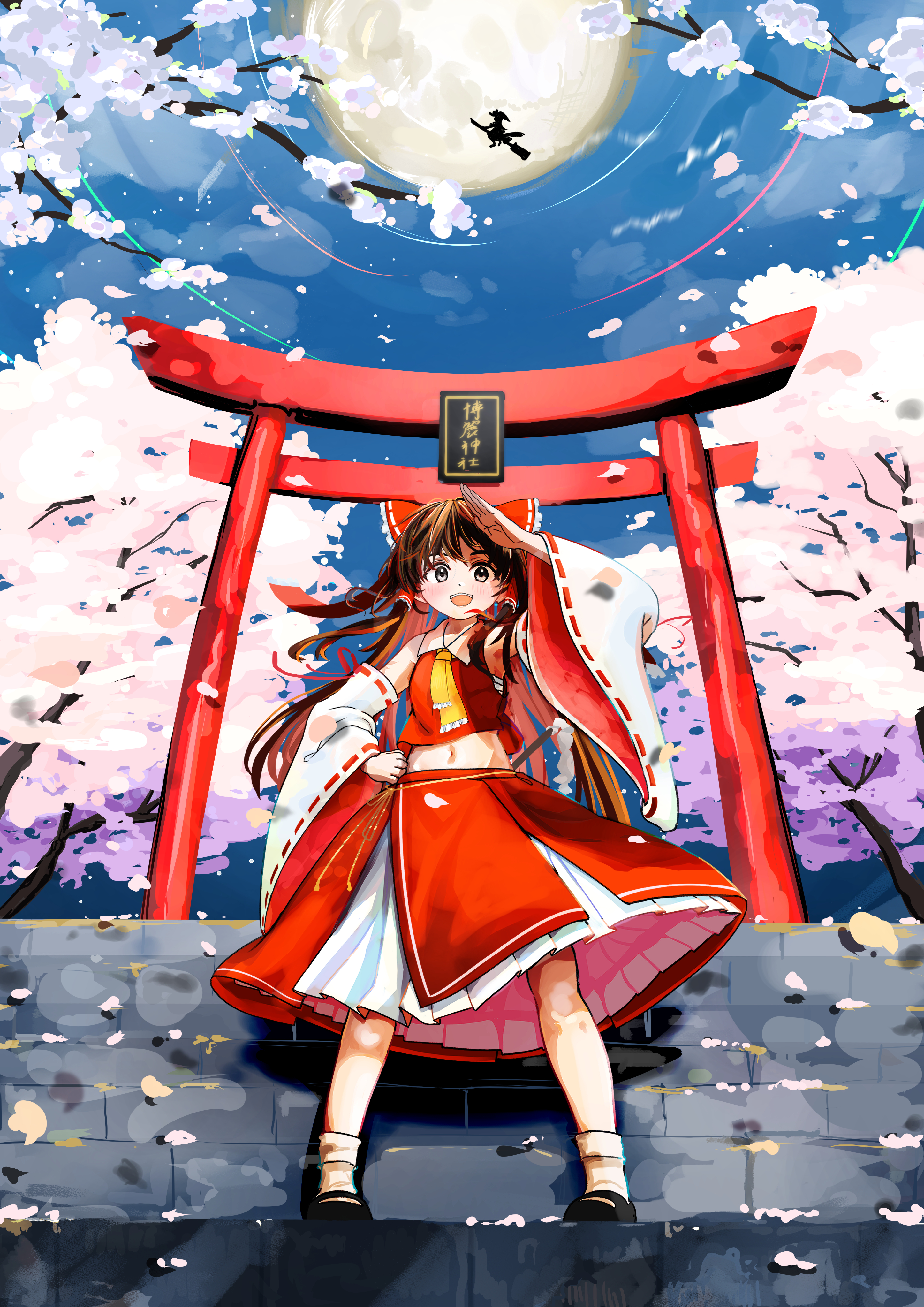 hakurei reimu, kirisame marisa, touhou, absurdres, commentary request, highres, 2girls, adapted costume, ascot, bow, broom, broom riding, brown eyes, brown hair, cherry blossoms, detached sleeves, falling petals, frilled bow, frilled hair tubes, frills, full moon, gohei, hair bow, hair tubes, hand on own hip, hat, long hair, midriff, moon, multiple girls, navel, open mouth, outdoors, petals, pink petals, red bow, red skirt, ribbon-trimmed sleeves, ribbon trim, shoes, skirt, skirt set, smile, socks, solo focus, stairs, thatyukiya, torii, very long hair, white socks, witch hat, yellow ascot