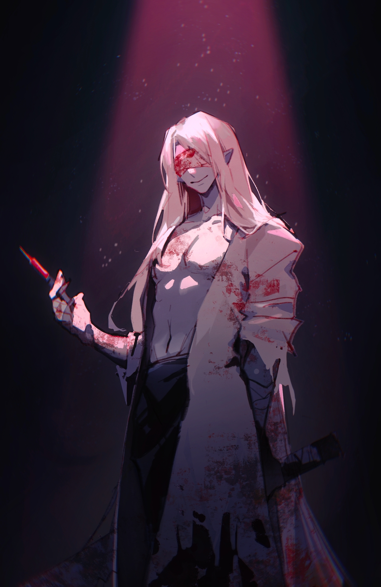 mr. silvair, homicipher, highres, 1boy, bandages, bandages over eyes, black skirt, blood, blood on chest, blood on clothes, coat, grey coat, hand up, holding, holding syringe, kali7827, long hair, male focus, no shirt, open clothes, open coat, pointy ears, skirt, smile, solo, spotlight, standing, syringe, toned, toned male, very long hair, white hair
