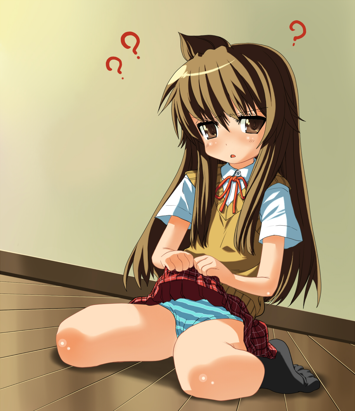 okina ika, minami chiaki, minami-ke, highres, 00s, 1girl, ?, ahoge, blue panties, brown eyes, brown hair, clothes lift, female focus, panties, plaid clothes, plaid skirt, sitting, skirt, skirt lift, solo, striped clothes, striped panties, underwear