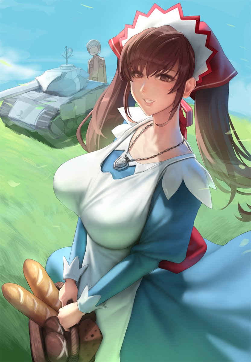 eu03, alicia melchiott, welkin gunther, senjou no valkyria (series), commentary, highres, 1boy, 1girl, basket, blue dress, blue sky, bread, breasts, brown eyes, brown hair, day, dress, food, grass, grin, holding, holding basket, jewelry, large breasts, long dress, long hair, long sleeves, military vehicle, motor vehicle, necklace, no eyes, no nose, outdoors, red headdress, sidelocks, sky, smile, solo, solo focus, standing, tank, twintails, two-tone dress, white dress
