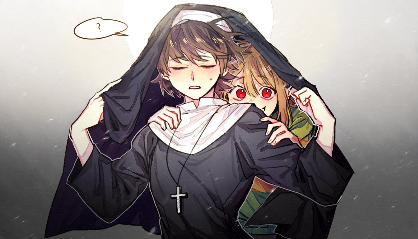 chara (undertale), frisk (undertale), undertale, utdr (toby fox), 2others, 4664nlln, ?, androgynous, bob cut, brown hair, closed eyes, cross, from behind, green sweater, hiding, looking at viewer, multiple others, nun, red eyes, sweat, sweater