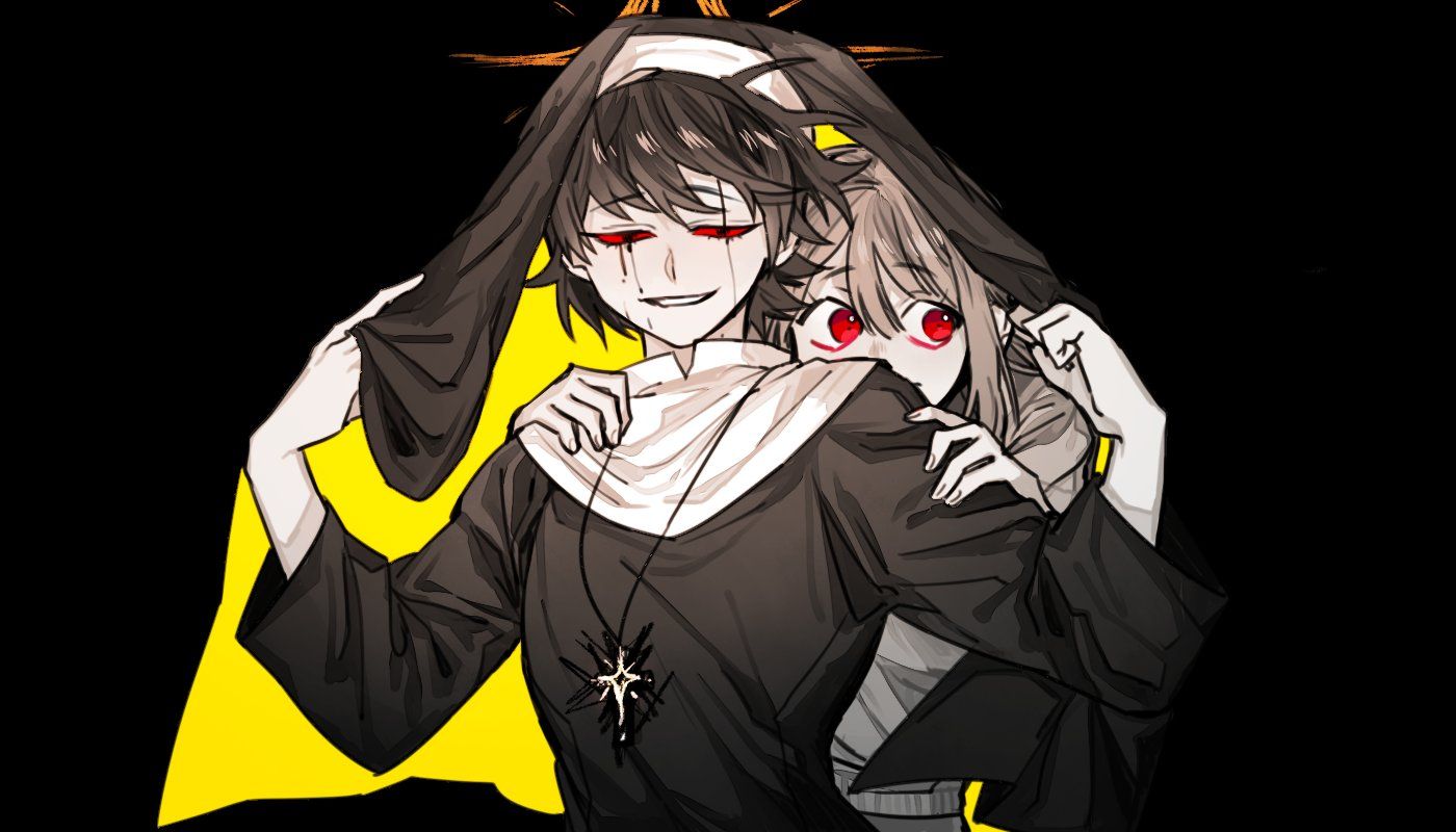 chara (undertale), frisk (undertale), undertale, utdr (toby fox), 2others, 4664nlln, ?, androgynous, black background, blood, bloody tears, bob cut, brown hair, cross, evil grin, evil smile, from behind, green sweater, grin, hand on another's shoulder, hiding, light smile, looking to the side, multiple others, nun, red eyes, smile, sweat, sweater