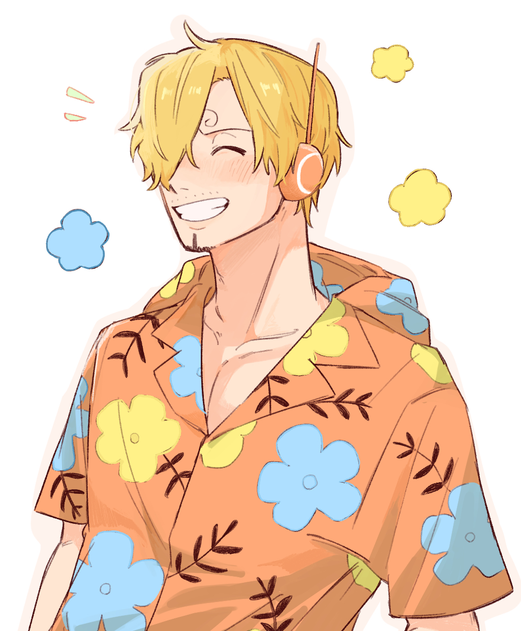 iqracha, sanji (one piece), one piece, highres, 1boy, blonde hair, blush, closed eyes, curly eyebrows, facial hair, goatee, grin, hair over one eye, happy, headset, male focus, mustache stubble, simple background, smile, solo, stubble, upper body