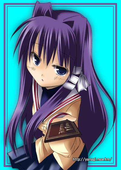 ryuuryuu, fujibayashi kyou, clannad, 00s, 1girl, black skirt, blue background, blue eyes, border, female focus, hair intakes, long hair, long sleeves, looking at viewer, pleated skirt, purple eyes, purple hair, sailor collar, school uniform, serafuku, simple background, skirt, solo, very long hair
