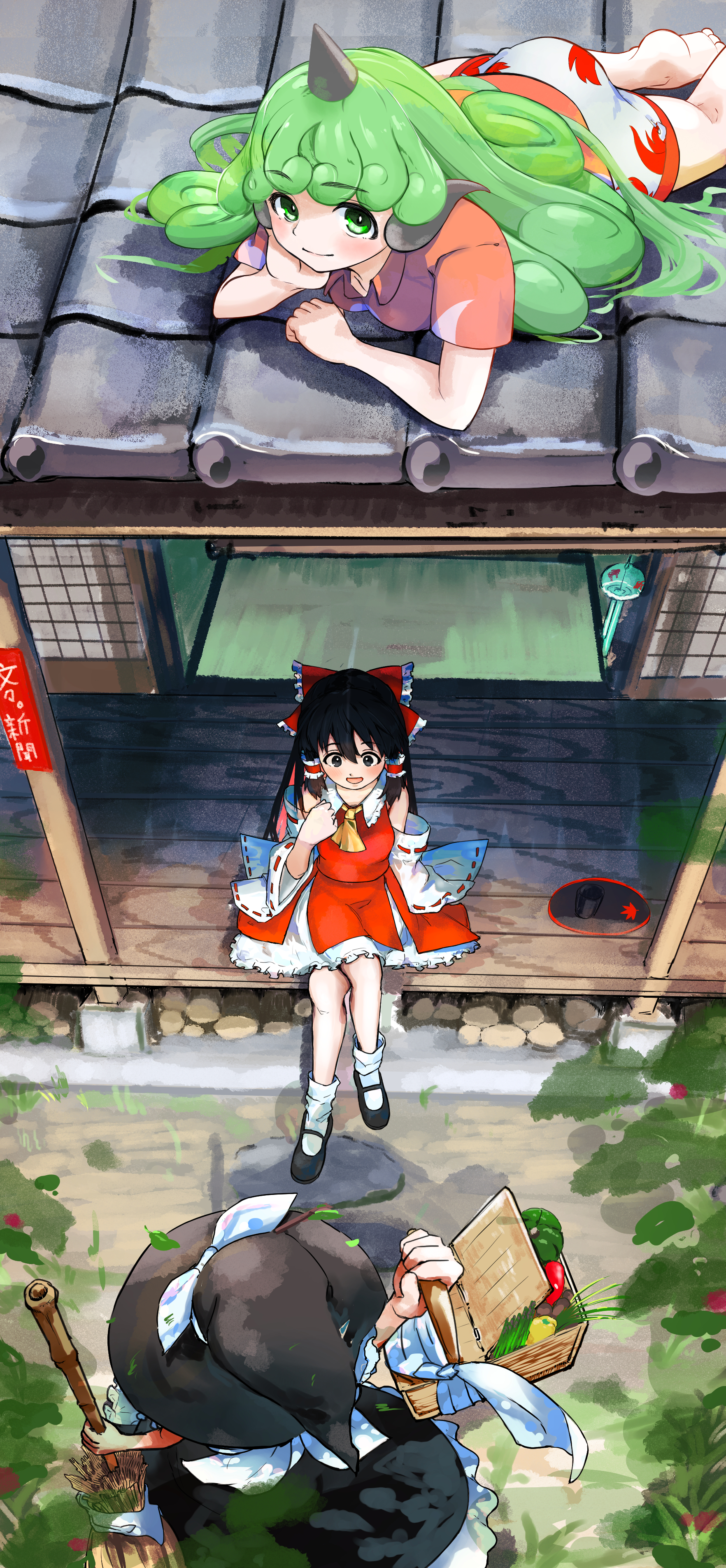 hakurei reimu, kirisame marisa, komano aunn, touhou, absurdres, commentary request, highres, 3girls, adapted costume, ascot, bad anatomy, barefoot, basket, black hair, black hat, black shoes, bow, breasts, broom, closed mouth, crossed legs, curly hair, detached sleeves, frilled bow, frilled hair tubes, frills, green eyes, green hair, hair bow, hair tubes, hand on own cheek, hand on own face, hat, hat bow, holding, holding basket, holding broom, horns, komainu ears, komainu girl, long hair, looking at viewer, lying, mary janes, multiple girls, on roof, on stomach, open mouth, red bow, red shirt, red skirt, ribbon-trimmed sleeves, ribbon trim, shirt, shoes, shorts, single horn, sitting, skirt, skirt set, smile, socks, soles, thatyukiya, toes, very long hair, white shorts, white socks, wind chime, witch hat, yellow ascot