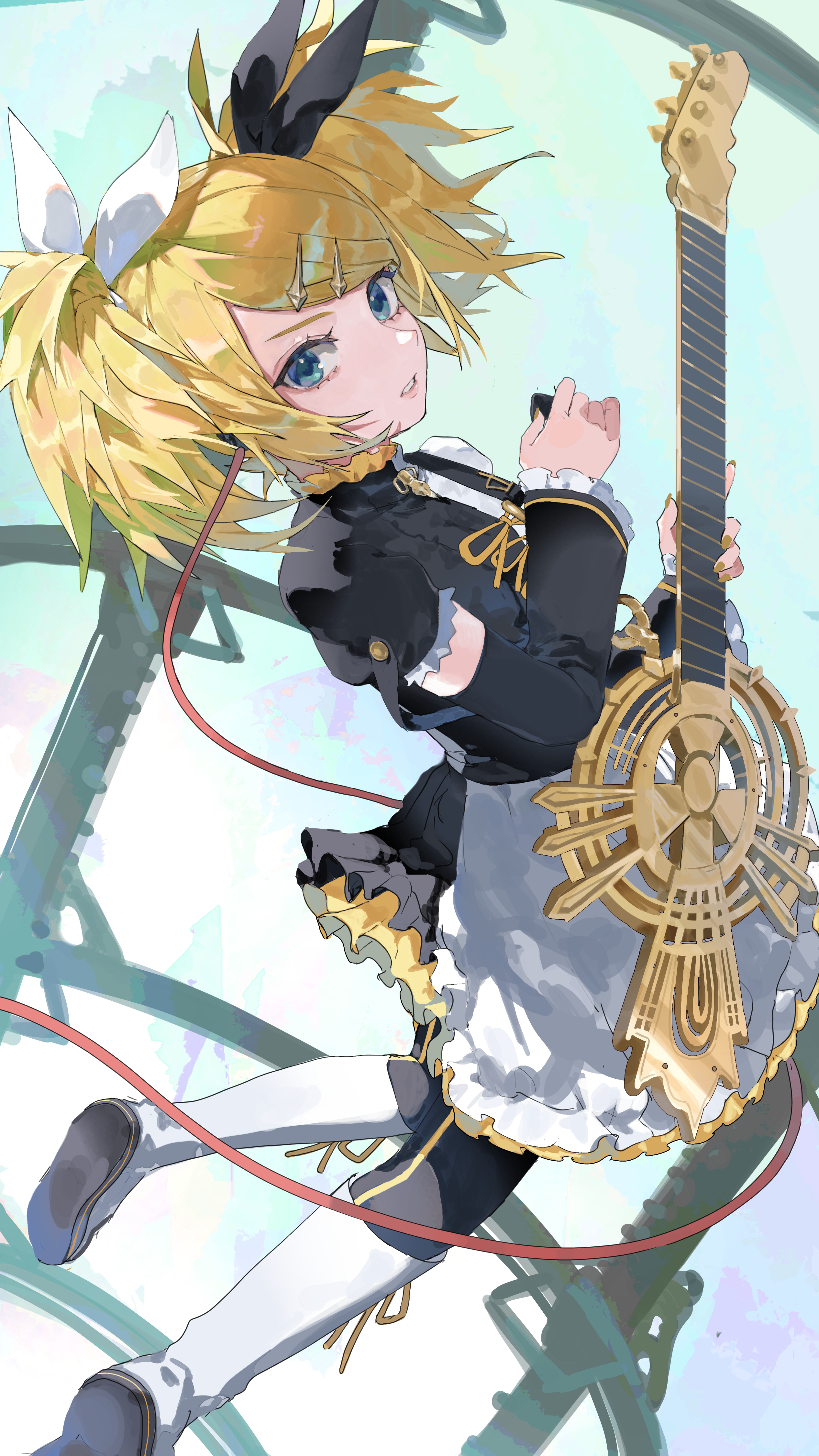 kani samurai, kagamine rin, vocaloid, absurdres, commentary request, highres, 1girl, aegyo sal, apron, black bow, black dress, blonde hair, blue eyes, boots, bow, clenched teeth, colored shoe soles, detached sleeves, dress, foot out of frame, frilled apron, frilled dress, frilled sleeves, frills, from above, from behind, gold buttons, guitar, hair bow, hair ornament, holding, holding guitar, holding instrument, holding plectrum, instrument, knee boots, looking at viewer, looking back, medium dress, medium hair, parted lips, plectrum, puffy short sleeves, puffy sleeves, ribbon, short sleeves, simple background, solo, swept bangs, teeth, twintails, v-shaped eyebrows, waist apron, white apron, white boots, white bow, yellow ribbon
