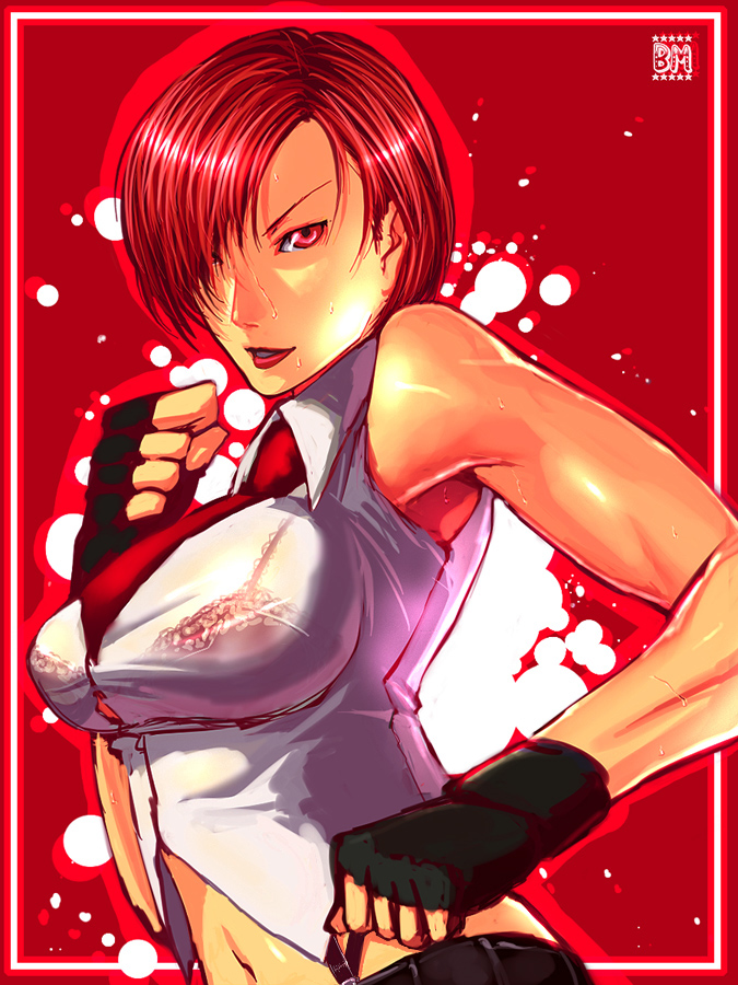 sawao, vanessa (kof), snk, the king of fighters, 1girl, bra, female focus, lingerie, necktie, red hair, see-through clothes, solo, sweat, underwear, wet