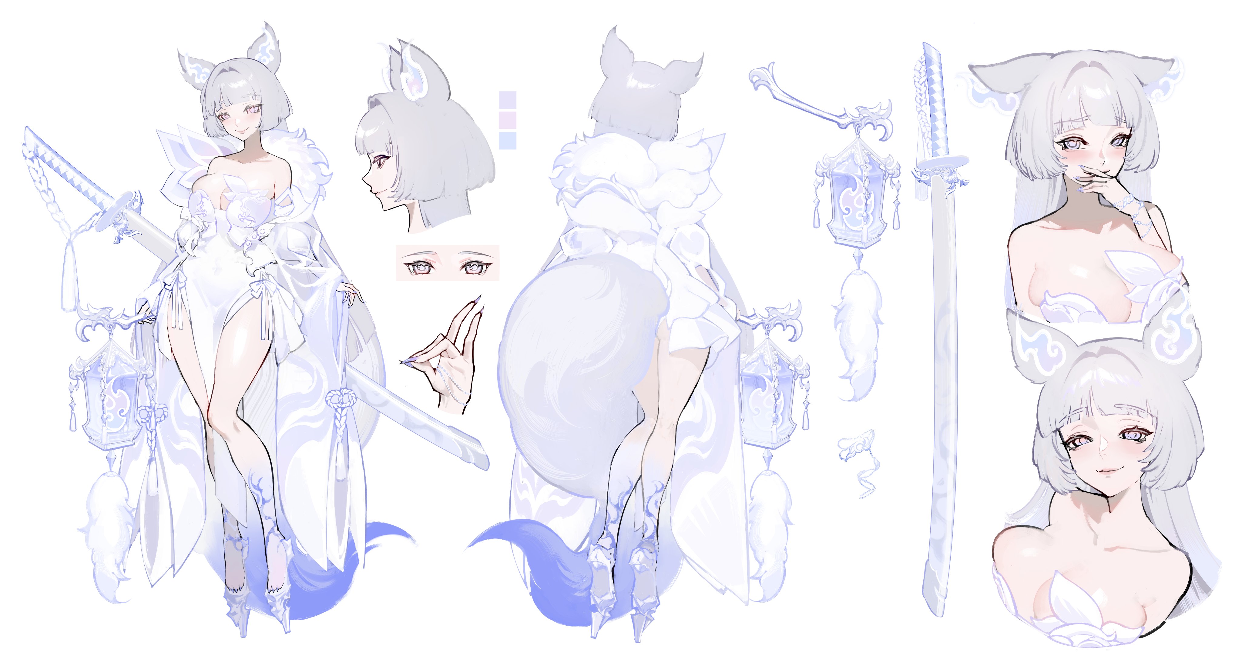indie virtual youtuber, 1girl, animal ears, blush, breasts, cleavage, full body, reference sheet, solo, tail, virtual youtuber, zaikiai