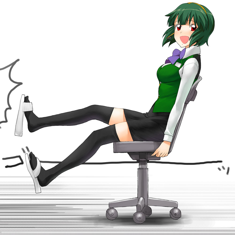 a1 (initial-g), otonashi kotori, idolmaster, idolmaster (classic), idolmaster 1, 00s, 1girl, :d, ^^^, black thighhighs, blunt bangs, blush, bow, bowtie, breasts, buttons, chair, collared shirt, dress shirt, female focus, from side, full body, green hair, happy, headset, legs up, long sleeves, looking at viewer, looking back, microphone, mole, mole under mouth, motion lines, name tag, office chair, on chair, open mouth, pencil skirt, red eyes, sandals, shadow, shirt, shoe dangle, short hair, simple background, sitting, skirt, smile, solo, speed lines, swivel chair, thighhighs, vest, white background, zettai ryouiki