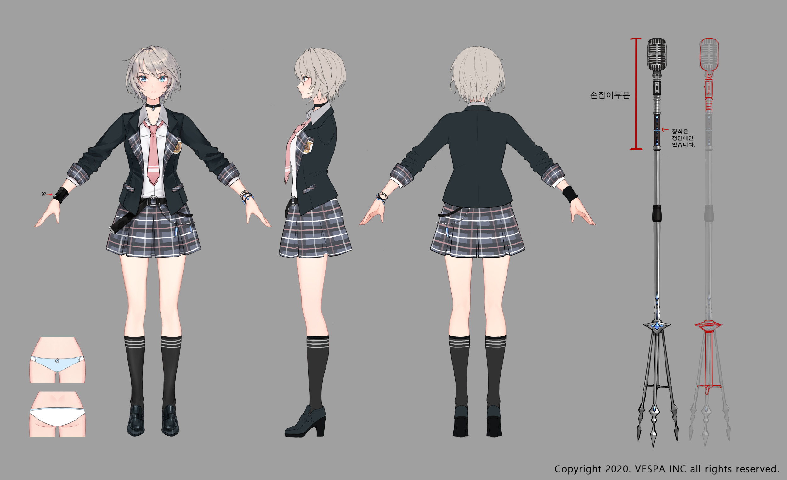 ezu (leejiyu), scarlet (king's raid), king's raid, commentary, concept art, english commentary, highres, official art, translation request, 1girl, belt, black belt, black choker, black jacket, black shoes, black socks, blazer, blue eyes, blue panties, bracelet, choker, collared shirt, grey background, grey hair, grey skirt, high heels, jacket, jewelry, korean text, microphone, multiple views, necktie, official alternate costume, panties, plaid clothes, plaid skirt, red necktie, reference sheet, school uniform, shirt, shoes, short hair, skirt, socks, solo, turnaround, underwear, white panties, white shirt, wristband
