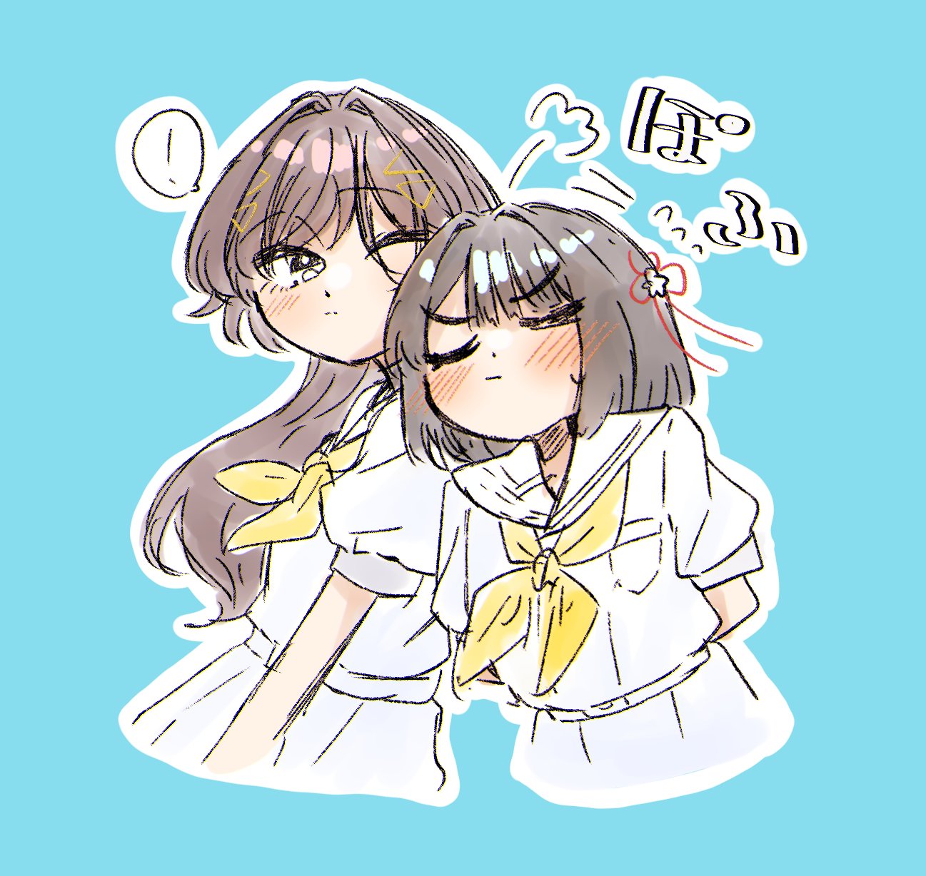 puripuri hurai, katsuragi izumi, momose ginko, link! like! love live!, love live!, commentary, highres, !, 2girls, black hair, blue background, blunt bangs, blunt ends, blush, bob cut, breast pocket, brown hair, closed mouth, dress, flower, flower knot, flying sweatdrops, hair flower, hair intakes, hair ornament, hasu no sora school uniform, heads together, multiple girls, neckerchief, outline, pocket, sailor collar, sailor dress, school uniform, short hair, simple background, spoken exclamation mark, summer uniform, sweatdrop, triangle hair ornament, v-shaped eyebrows, virtual youtuber, white dress, white outline, white sailor collar, yellow neckerchief, yuri