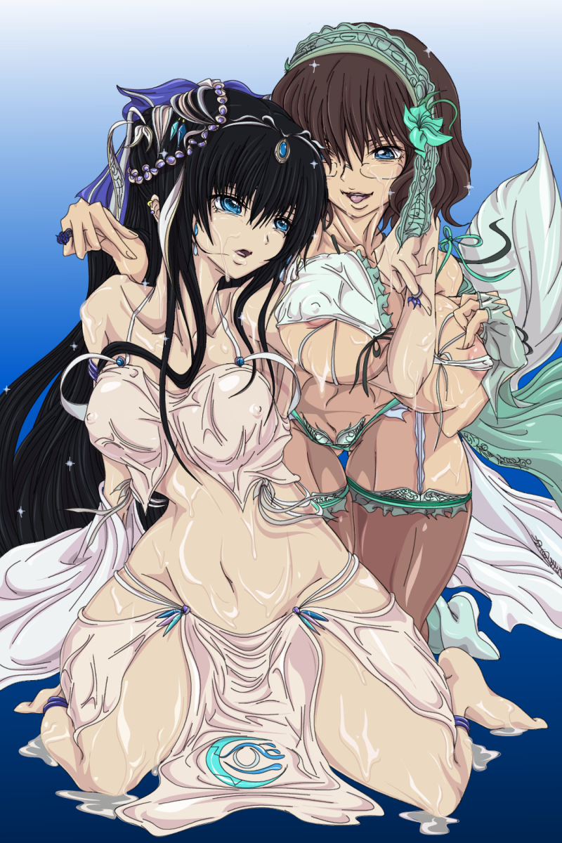 madhatter hello, marina ismail, shirin bakhtiar, gundam, gundam 00, highres, 00s, 2girls, blue eyes, breasts, covered erect nipples, glasses, jewelry, kneeling, large breasts, lingerie, multiple girls, underwear
