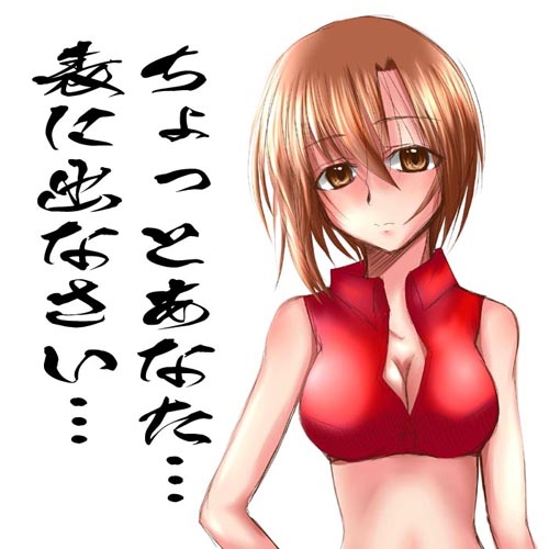 misana, meiko (vocaloid), vocaloid, lowres, translation request, 1girl, breasts, brown eyes, brown hair, female focus, short hair, solo