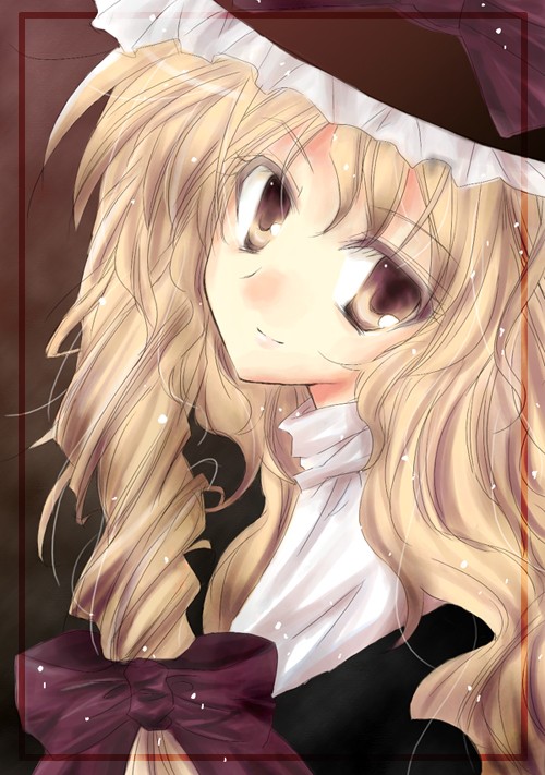 orimoto asami, kirisame marisa, touhou, 1girl, blonde hair, bow, eternity moon, female focus, hair bow, light particles, long hair, looking at viewer, portrait, solo, yellow eyes