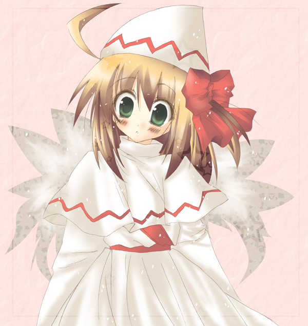 orimoto asami, lily white, touhou, 1girl, ahoge, blonde hair, blush, capelet, cowboy shot, dress, eternity moon, female focus, frills, green eyes, hat, pink background, short hair, simple background, solo, tareme, tate eboshi, white dress, wide-eyed