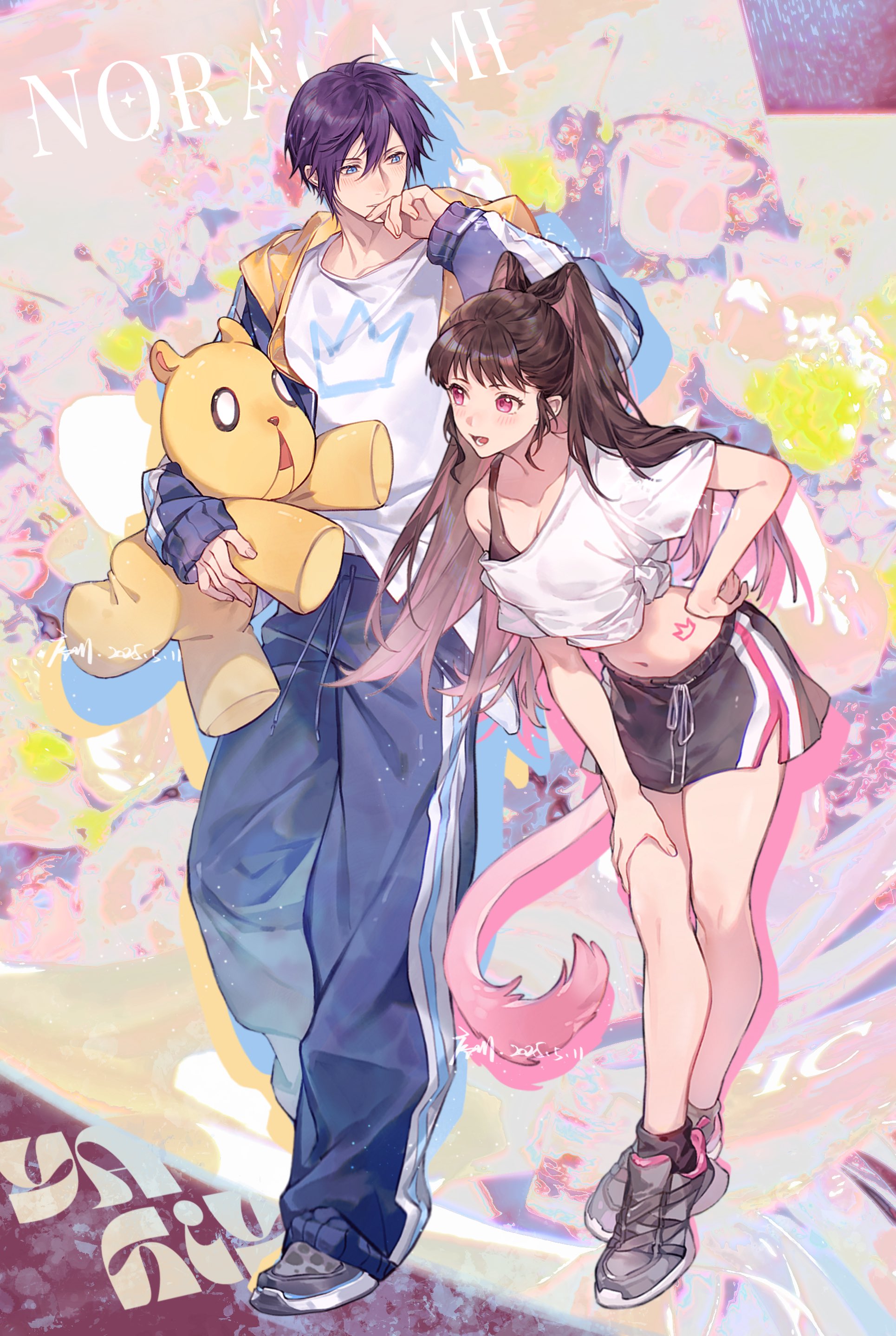 xuchuan, iki hiyori, yato (noragami), noragami, absurdres, commentary, highres, 1boy, 1girl, abstract background, artist name, asymmetrical shirt, blue eyes, blue pants, breasts, brown hair, cleavage, collarbone, copyright name, crown print, crown tattoo, dated, drawstring, finger to mouth, full body, grey shoes, hair between eyes, hand on own hip, hand on own thigh, jacket, leaning forward, light blush, looking at another, loose pants, midriff, navel, open clothes, open jacket, pants, pink eyes, pink tail, purple hair, shirt, shoes, shoulder strap, sneakers, stomach tattoo, stuffed animal, stuffed toy, sweatpants, tail, tattoo, tied shirt, track jacket, track pants, white shirt