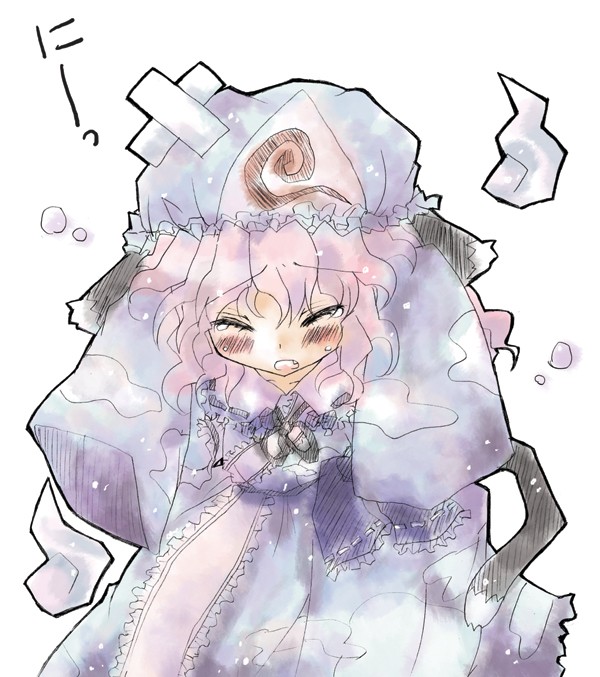 orimoto asami, saigyouji yuyuko, touhou, 1girl, animal ears, blush, cat ears, cat girl, cat tail, dress, eternity moon, female focus, hat, kemonomimi mode, solo, tail, white background