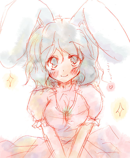 orimoto asami, inaba tewi, touhou, silver hair, 1girl, animal ears, blush, dress, eternity moon, female focus, grey eyes, looking at viewer, pink dress, puffy short sleeves, puffy sleeves, rabbit ears, short sleeves, simple background, sketch, solo, v arms, white background
