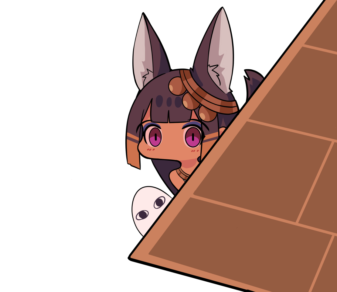surio, anubis (surio), medjed (surio), original, chinese commentary, commentary request, 1girl, animal ear fluff, animal ears, chibi, chibi only, dark-skinned female, dark skin, long hair, looking at viewer, no mouth, no nose, purple eyes, simple background, solo, white background