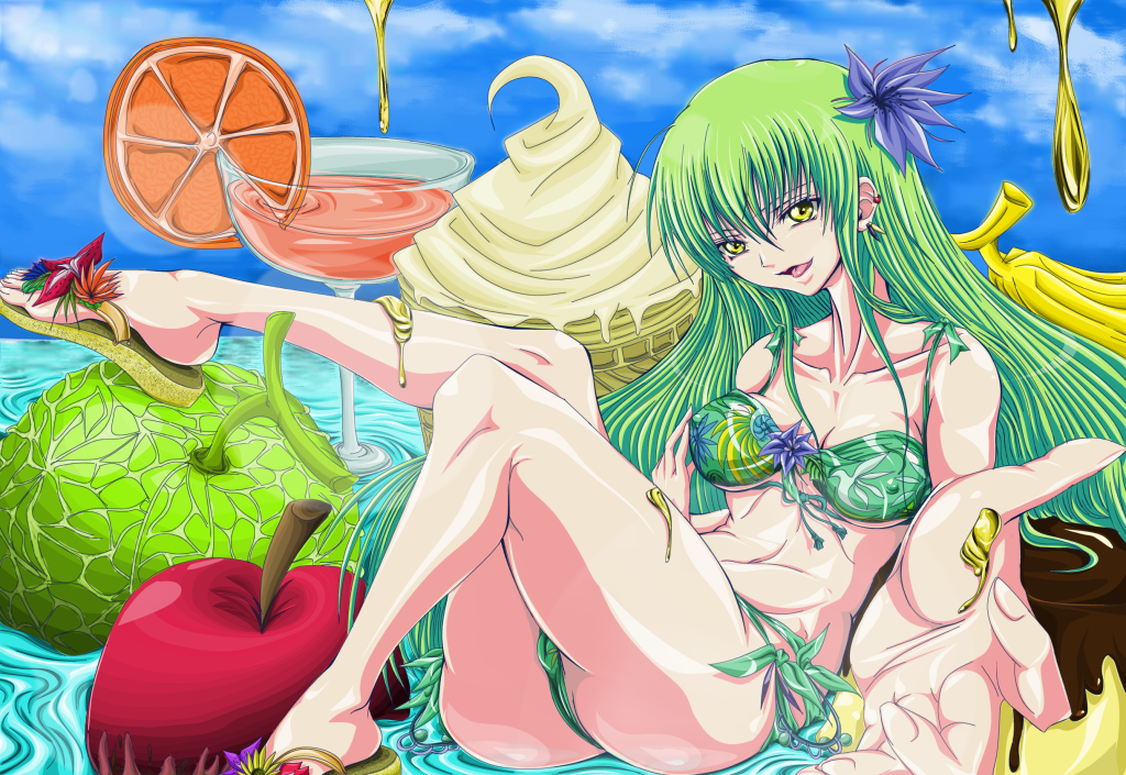 madhatter hello, c.c., code geass, bad id, bad pixiv id, 00s, bikini, food, green bikini, solo, swimsuit