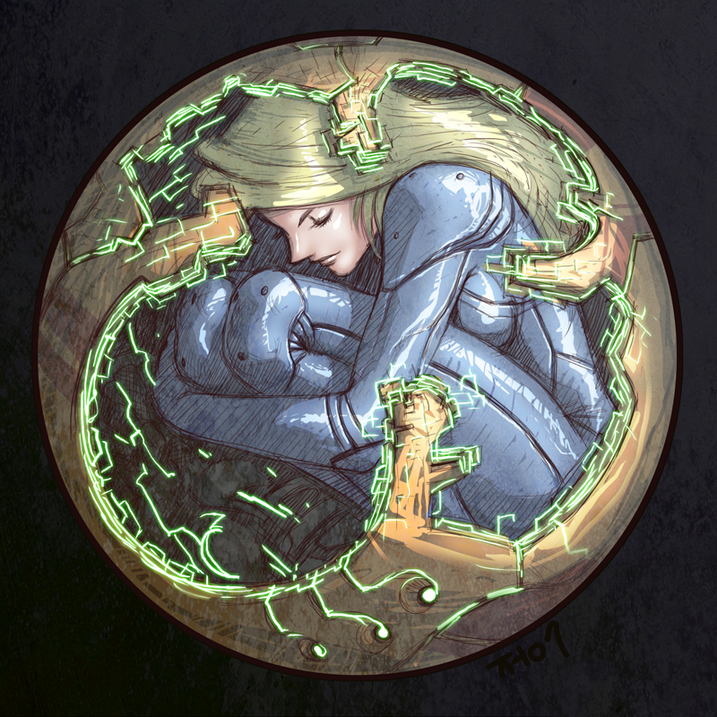 james chung, samus aran, metroid, nintendo, 1girl, blonde hair, blue bodysuit, bodysuit, closed eyes, female focus, fetal position, long hair, morph ball, shiny clothes, skin tight, sleeping, solo, zero suit