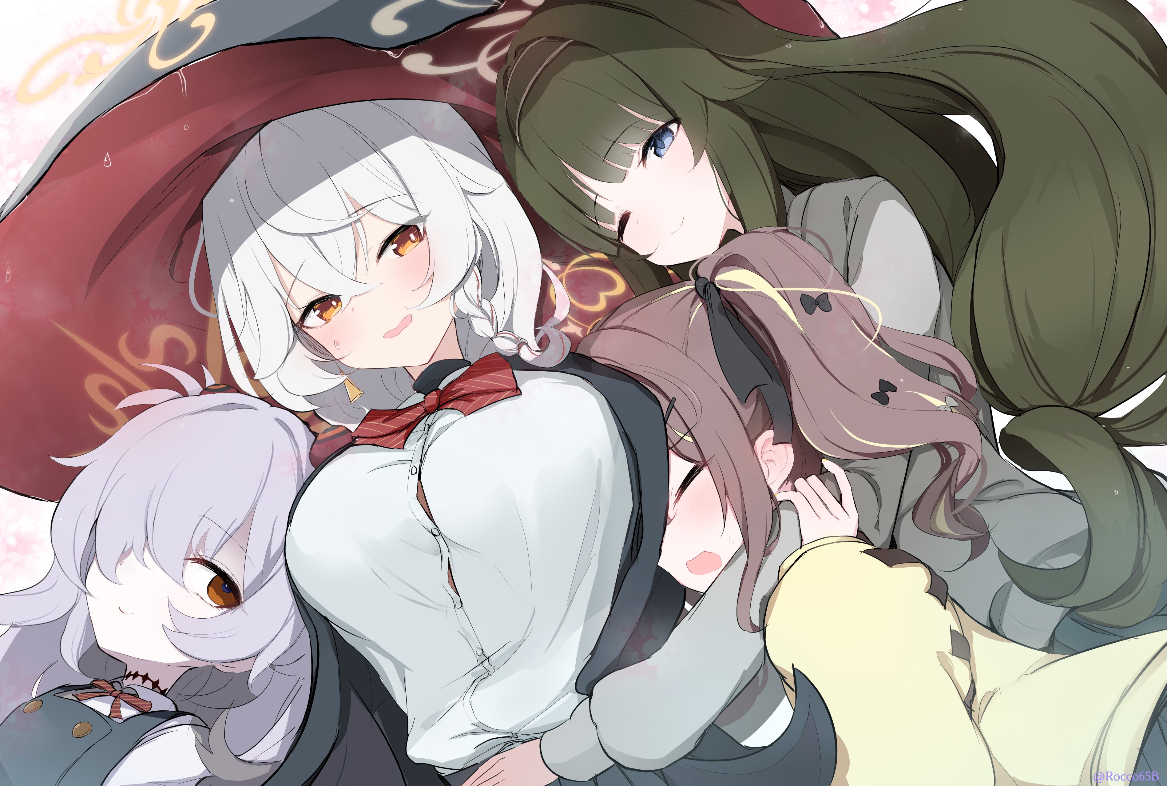 sakurano rocco, eri (blue archive), kanoe (blue archive), rena (blue archive), tsumugi (blue archive), blue archive, absurdres, commentary request, highres, 4girls, black skirt, blonde hair, blue eyes, blush, braid, breasts, brown eyes, brown hair, button gap, cardigan, choker, collared shirt, dress, dress shirt, embarrassed, girl sandwich, green hair, grey hair, group hug, group picture, hair ornament, hair over one eye, halo, hat, hug, large breasts, large hat, long hair, long sleeves, looking at another, looking at viewer, multicolored hair, multiple girls, neck ribbon, ribbon, sandwiched, shirt, skirt