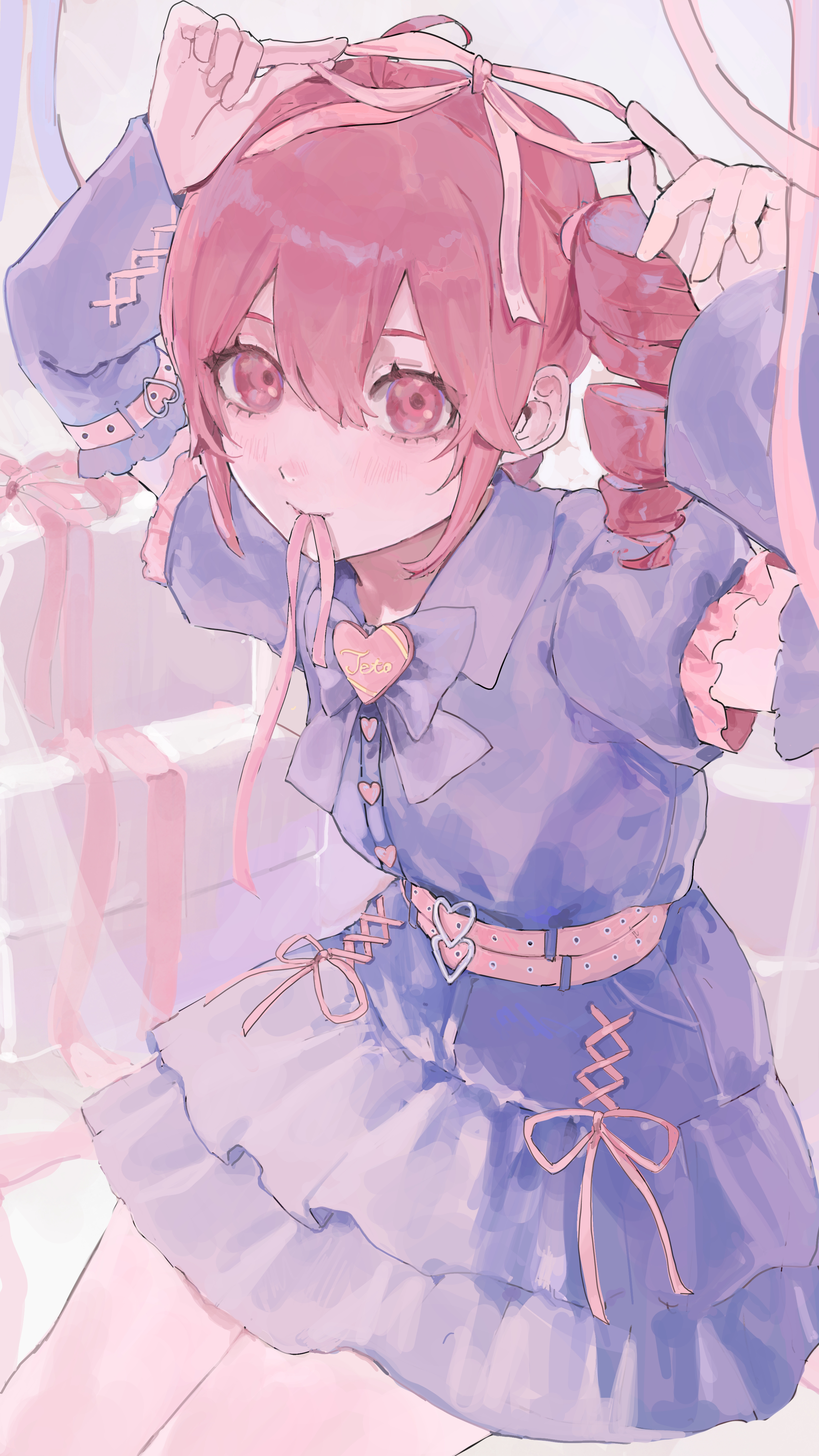 kani samurai, kasane teto, kasane teto (utau), utau, absurdres, commentary request, highres, 1girl, adapted costume, adjusting clothes, aegyo sal, arms up, belt, black skirt, bow, bowtie, breasts, buttons, character name, closed mouth, clothes writing, collared shirt, cowboy shot, cross-laced clothes, cross-laced skirt, cross-laced sleeves, curtains, detached sleeves, double-parted bangs, drill hair, frilled sleeves, frills, from above, grey bow, grey bowtie, grey shirt, grey skirt, hair between eyes, heart belt, heart button, holding, holding ribbon, indoors, leaning forward, long sleeves, looking at viewer, medium hair, mouth hold, pink belt, pink ribbon, puffy short sleeves, puffy sleeves, red eyes, red hair, ribbon, ribbon-trimmed skirt, ribbon in mouth, ribbon trim, shirt, shirt tucked in, short sleeves, side drill, side ponytail, simple background, sitting, skirt, small breasts, smile, solo, white background