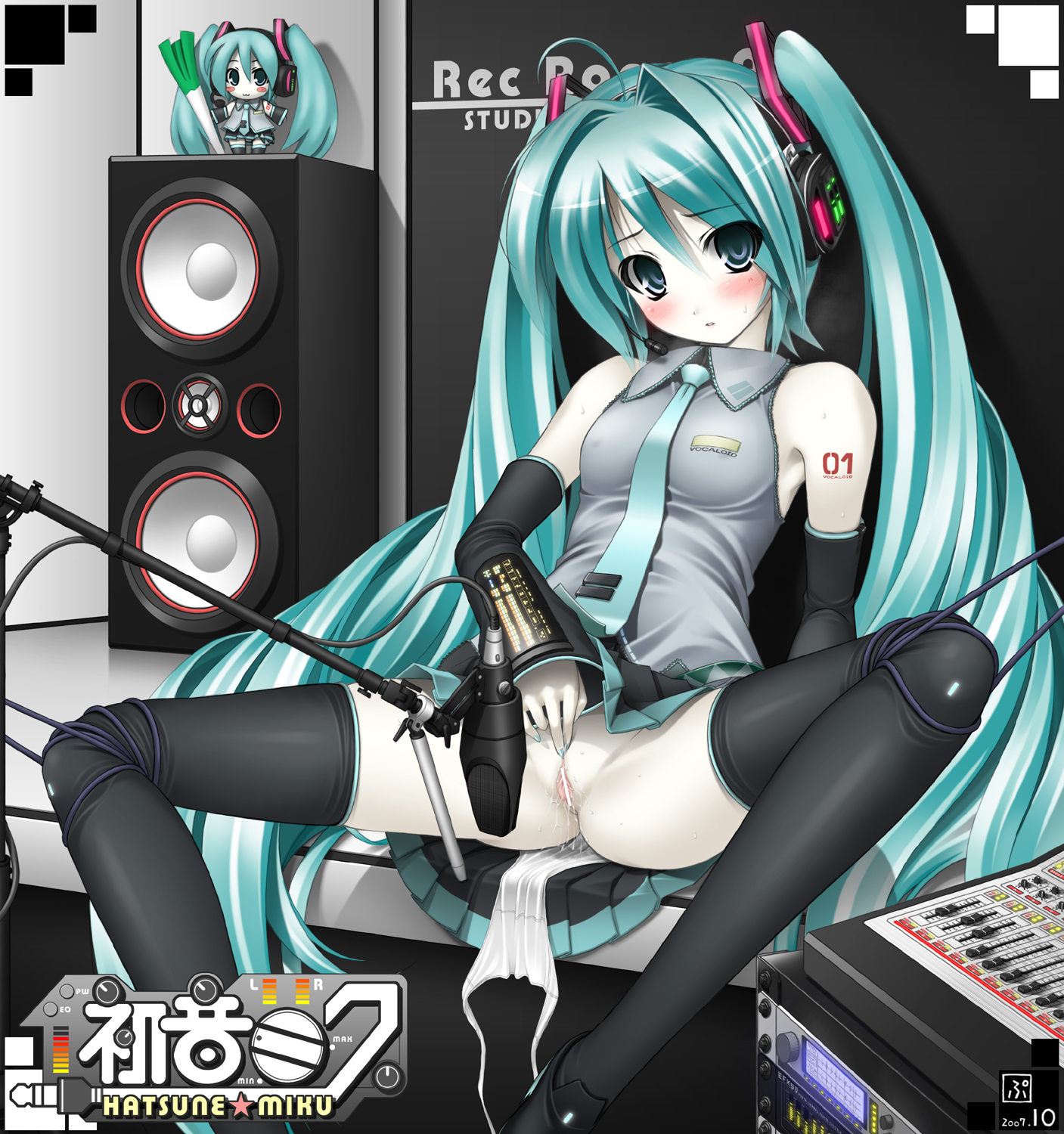 hypnotic-trance, hatsune miku, vocaloid, highres, 1girl, bare shoulders, bdsm, blush, bondage, bound, censored, detached sleeves, female focus, female masturbation, green eyes, green hair, headphones, legs, long hair, masturbation, matching hair/eyes, necktie, pale skin, panties, panty pull, pussy, pussy juice, pussy juice trail, rope, side-tie panties, solo, spread legs, thighhighs, twintails, underwear, upskirt