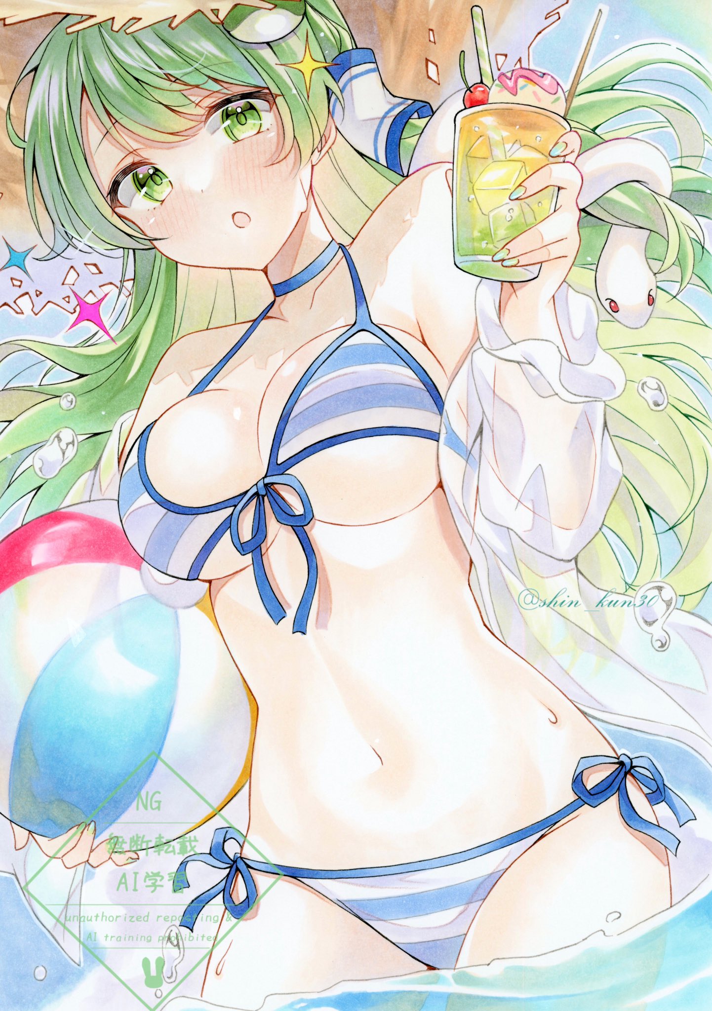 shin kun30, kochiya sanae, touhou, highres, 1girl, ball, bare shoulders, beachball, bikini, blush, breasts, cleavage, cup, dessert, dot nose, drink, fingernails, food, frog hair ornament, front-tie bikini top, front-tie top, green eyes, green hair, hair ornament, hair tubes, hat, holding, holding ball, holding cup, ice, ice cube, jacket, large breasts, long hair, looking at viewer, nail polish, navel, open clothes, open jacket, open mouth, partially submerged, side-tie bikini bottom, single hair tube, single sidelock, sky, snake hair ornament, solo, sparkle, striped bikini, striped clothes, sun hat, sweat, swimsuit, thighs, twitter username, upper body, water, water drop, watermark