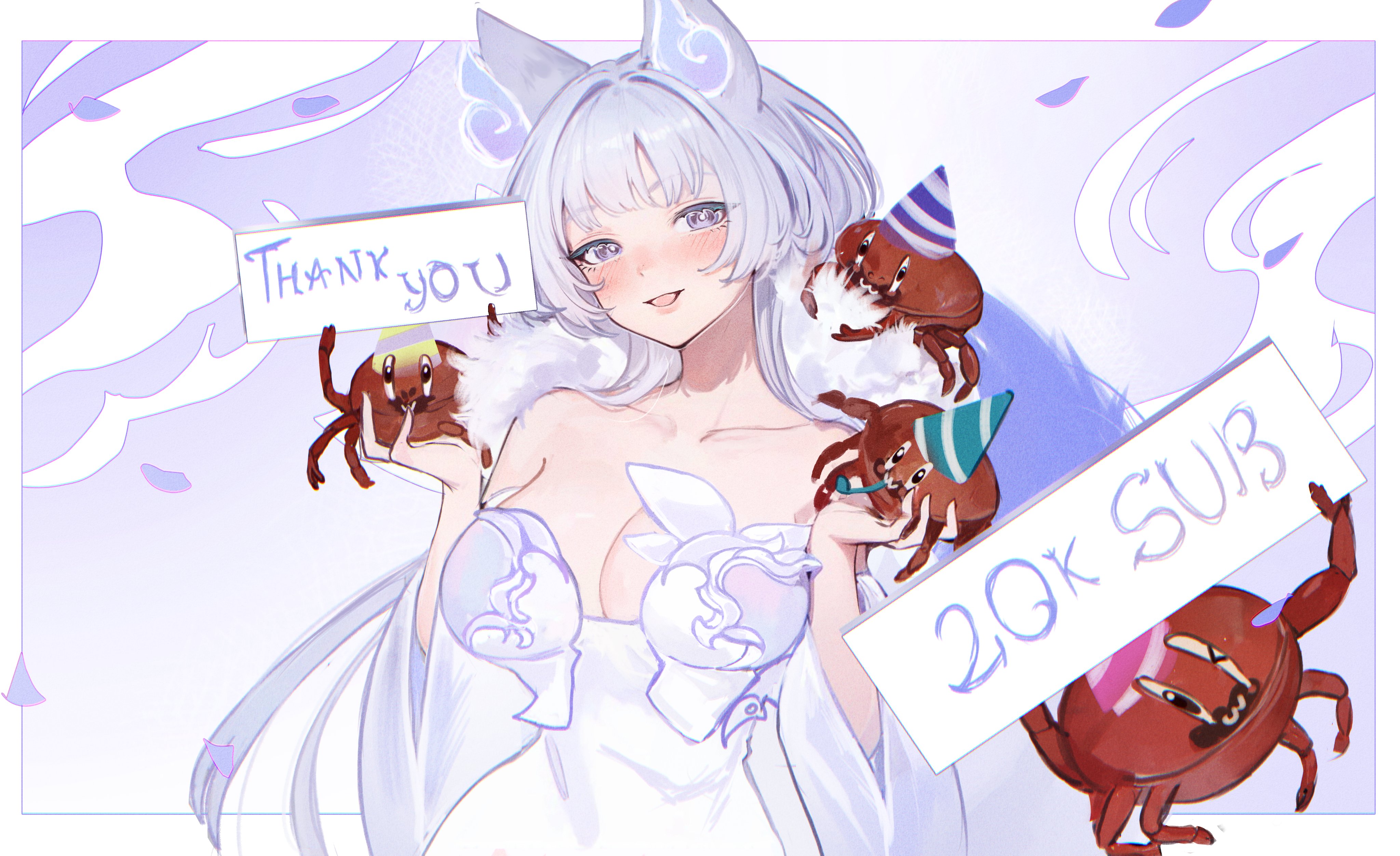 zaikiai, indie virtual youtuber, 1girl, animal ears, blush, breasts, celebration, crab, english text, grey hair, sign, virtual youtuber