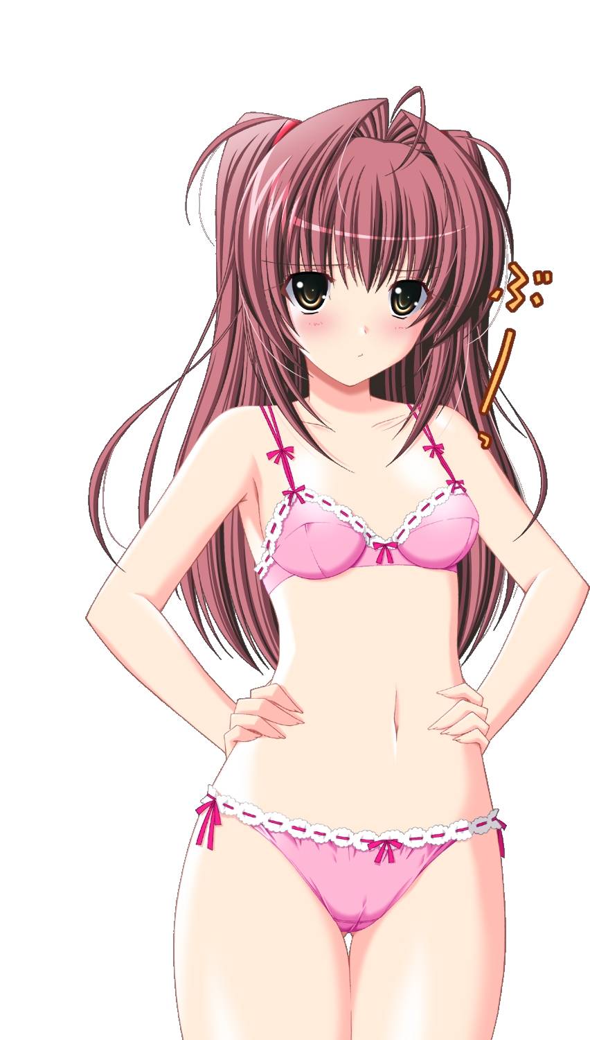 choco chip, shirakawa anzu, anejiru, atelier kaguya, game cg, highres, scan, 1girl, blush, bra, breasts, cameltoe, female focus, hair intakes, hip focus, lingerie, long hair, midriff, panties, pink bra, pink panties, red hair, simple background, small breasts, solo, underwear, yellow eyes