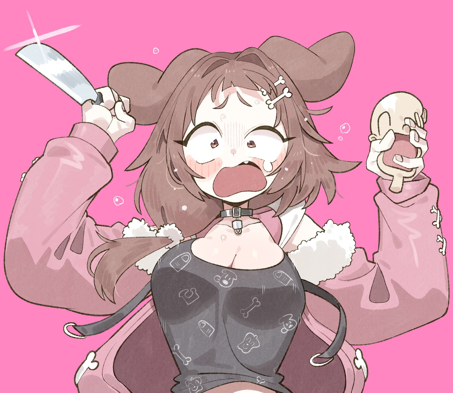 cocomayo29 (tomato), inugami korone, inugami korone (loungewear), listener (inugami korone), hololive, highres, animal ears, animal print, bone hair ornament, bone print, breasts, cleavage, dog ears, dog girl, dog print, hair ornament, holding, holding knife, jacket, knife, open mouth, pink background, pink jacket, print shirt, screaming, shirt, wide-eyed