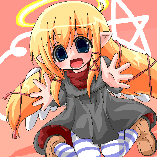 kanidiru, kanijiru, lowres, 1girl, :d, angel, blonde hair, female focus, halo, oekaki, open mouth, pantyhose, smile, solo, striped clothes, striped pantyhose, wings