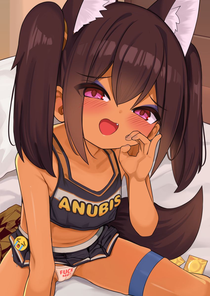 surio, anubis (surio), original, chinese commentary, commentary request, highres, variant set, 1girl, animal ear fluff, animal ears, bare arms, bare shoulders, blush, breasts, brown hair, character name, crop top, crying emoji, dark-skinned female, dark skin, emoji, fang, hair between eyes, meme, midriff, miniskirt, open mouth, panties, purple eyes, sitting, skirt, small breasts, solo, stomach, tail, tank top, thighs, twintails, underwear, uohhhhhhhhh! (meme)