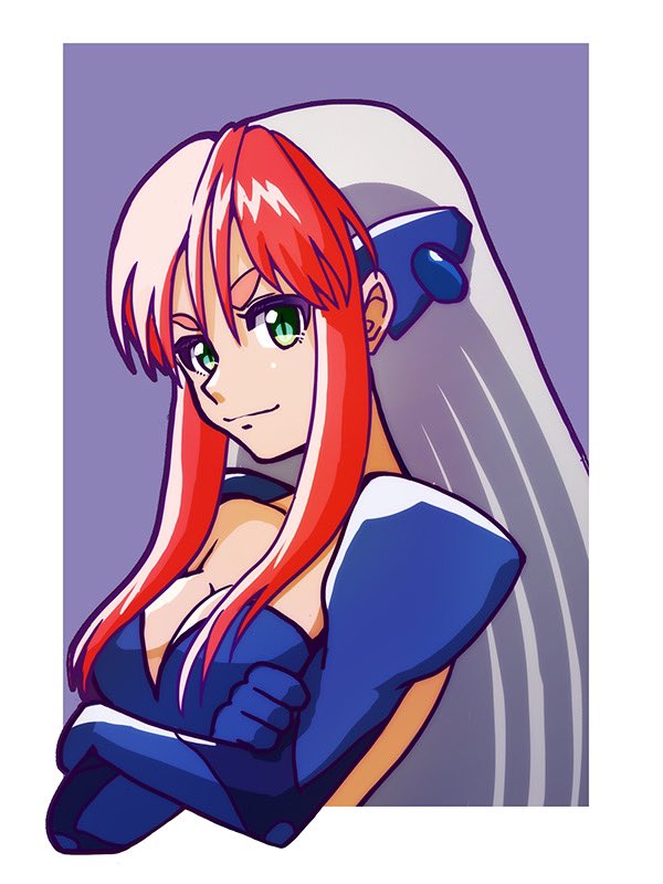 yososhi, birdy cephon altera, tetsuwan birdy, 1girl, blue gloves, breasts, cleavage, closed mouth, gloves, green eyes, large breasts, long hair, looking at viewer, multicolored hair, smile, solo, two-tone hair, white hair