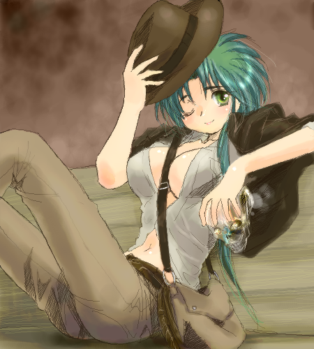 yagisaka seto, indiana jones, jochuu-san, indiana jones (series), original, lowres, 1girl, cosplay, female focus, green hair, hat, indiana jones (cosplay), oekaki, solo, whip