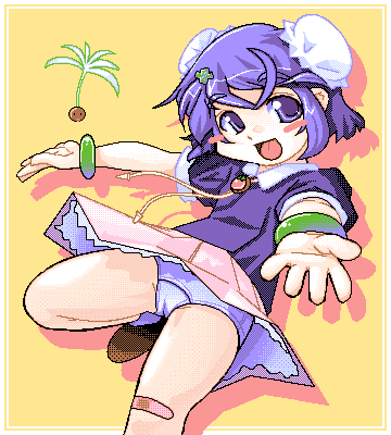 mii (popotan), popotan, artist request, lowres, 00s, 1girl, blush stickers, bun cover, cameltoe, double bun, female focus, hair bun, happy, loli, oekaki, open mouth, panties, pantyshot, purple eyes, purple hair, short hair, short sleeves, solo, underwear, upskirt, white panties, yellow background