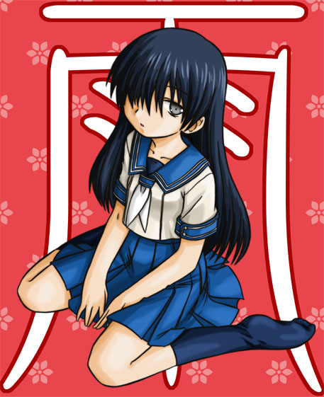 furafura, ochibana ame, denpa teki na kanojo, translated, 1girl, black hair, black socks, blue sailor collar, blue skirt, blue socks, brown eyes, facing viewer, female focus, full body, hair over one eye, japanese text, kneehighs, long hair, looking at viewer, neckerchief, no shoes, pleated skirt, red background, sailor collar, school uniform, serafuku, shirt, simple background, sitting, skirt, socks, solo, summer uniform, very long hair, wariza, white shirt