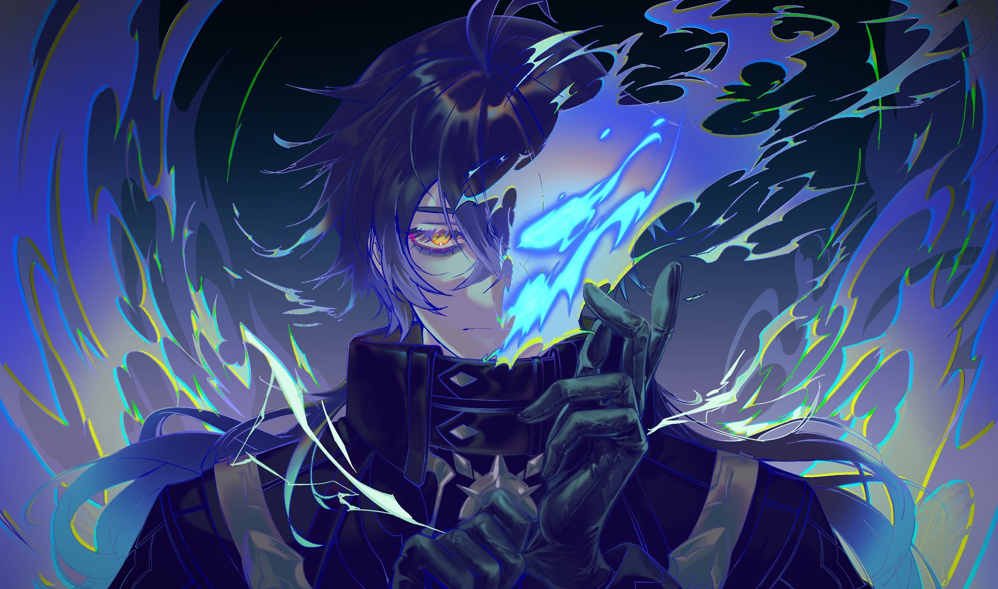 flins (genshin impact), genshin impact, highres, 1boy, adjusting clothes, adjusting gloves, black gloves, closed mouth, collared coat, eyelashes, gloves, hair between eyes, high collar, long eyelashes, long hair, looking at viewer, male focus, nyonyo 372, solo, upper body, yellow eyes