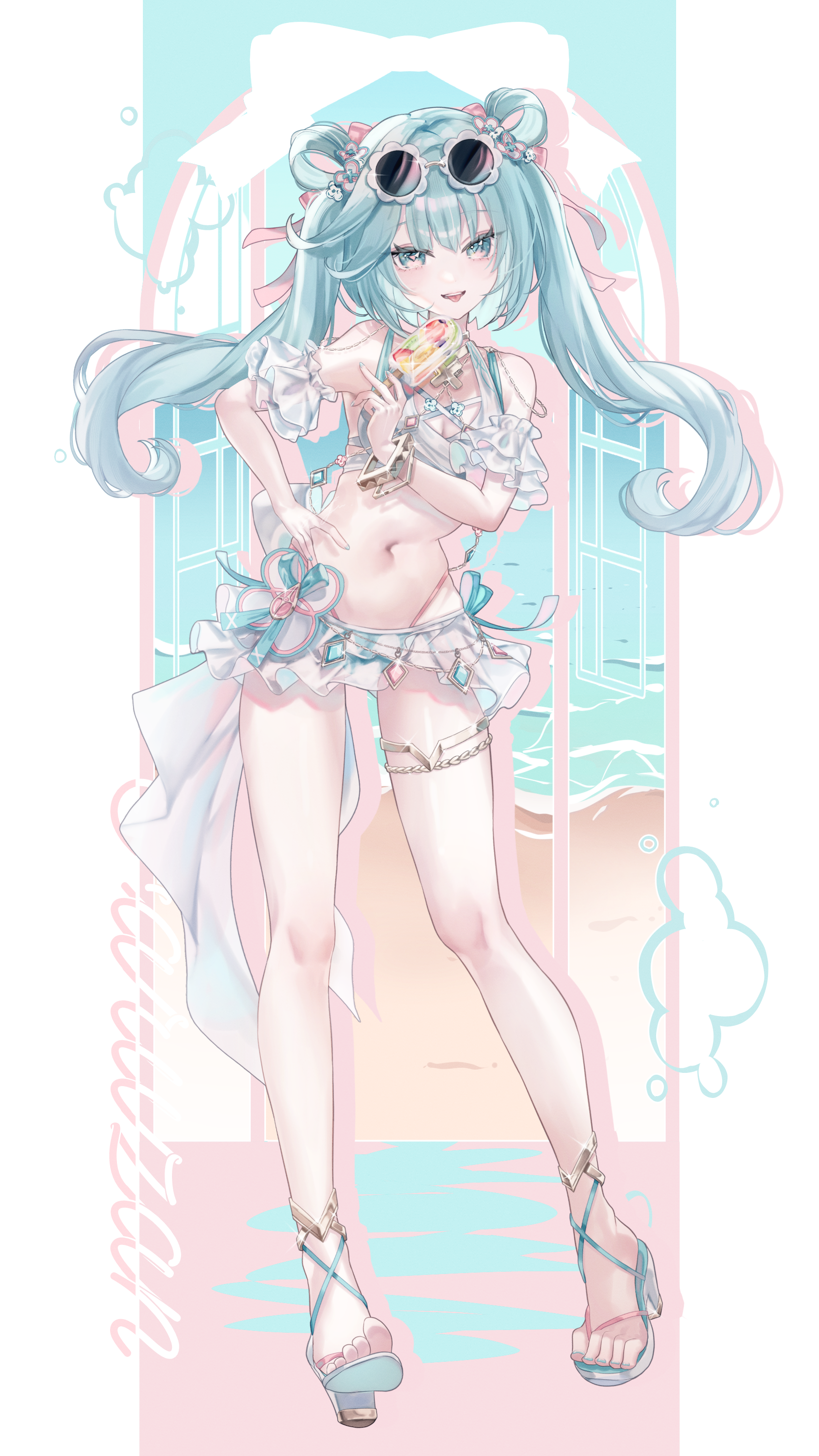 anninufufu, faruzan (genshin impact), genshin impact, absurdres, highres, alternate costume, alternate hairstyle, aqua background, aqua bikini, aqua eyes, aqua gemstone, aqua hair, aqua nails, aqua pupils, aqua shoes, armband, beach, bikini, blue sky, border, bracelet, breasts, chain, character name, double-parted bangs, drop shadow, english text, eyewear on head, floating hair, flower-shaped eyewear, food, frilled armband, frills, full body, gem, gold anklet, gold bracelet, gold chain, gold thighlet, hair ribbon, hair rings, hand on own hip, high heels, highleg, highleg bikini, holding, holding food, holding popsicle, jewelry, leaning forward, long hair, looking at viewer, midriff, mismatched pupils, multicolored bikini, nail polish, navel, ocean, outside border, parted lips, pink background, pink gemstone, pink pupils, pink ribbon, popsicle, ribbon, round eyewear, see-through clothes, see-through skirt, shoes, shore, skirt, sky, small breasts, standing, sunglasses, swimsuit, symbol-shaped pupils, toenail polish, toenails, tongue, tongue out, triangle-shaped pupils, twintails, two-tone bikini, white-framed eyewear, white background, white bikini