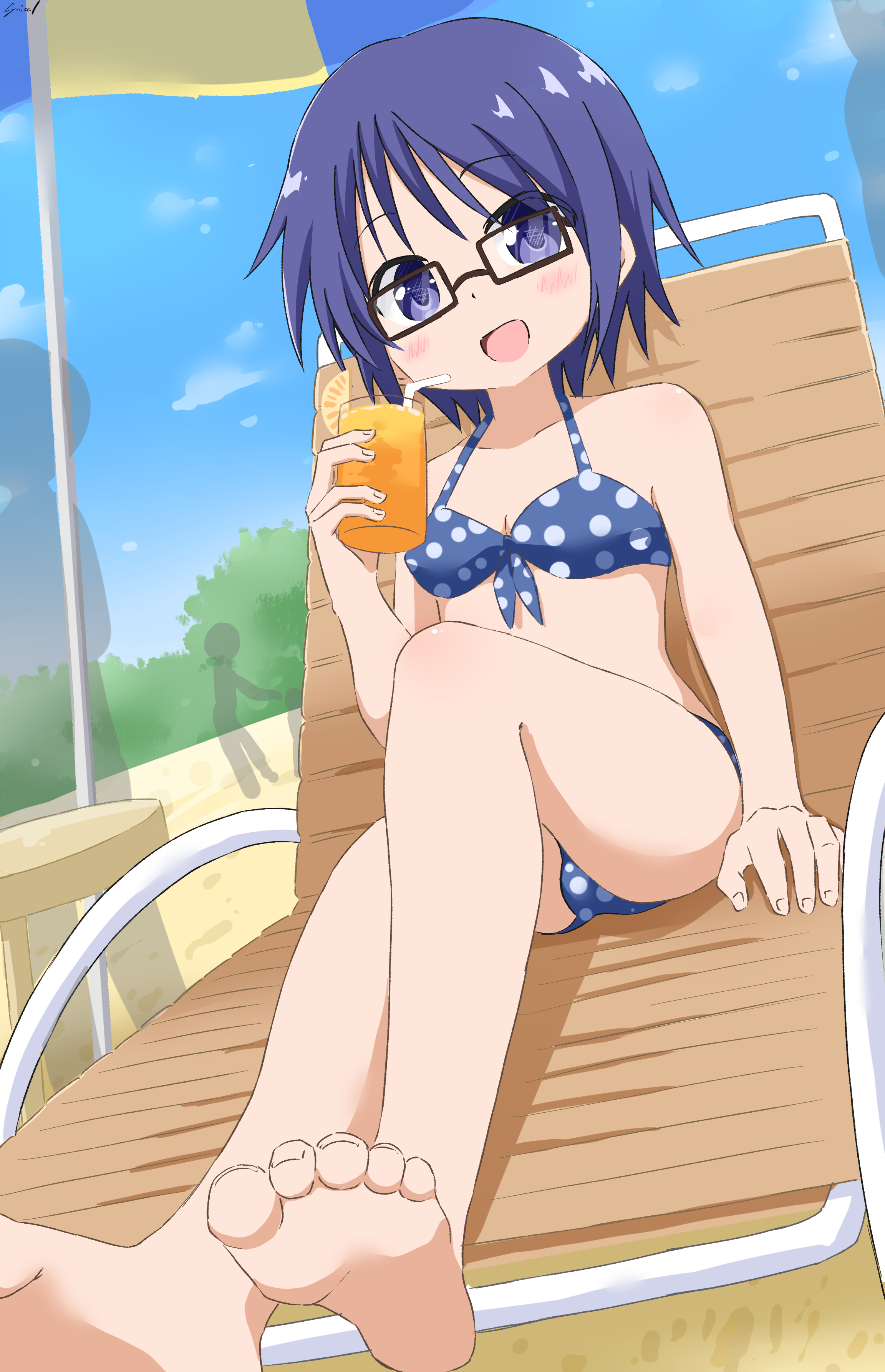 cynical (llcbluckg c004), sae (hidamari sketch), hidamari sketch, absurdres, commentary request, commission, highres, skeb commission, 1girl, barefoot, beach umbrella, bikini, blue bikini, blue eyes, blue hair, blue sky, breasts, chair, cloud, day, drink, front-tie bikini top, front-tie top, glasses, juice, lounge chair, orange juice, outdoors, polka dot, polka dot bikini, short hair, sky, small breasts, solo, swimsuit, umbrella