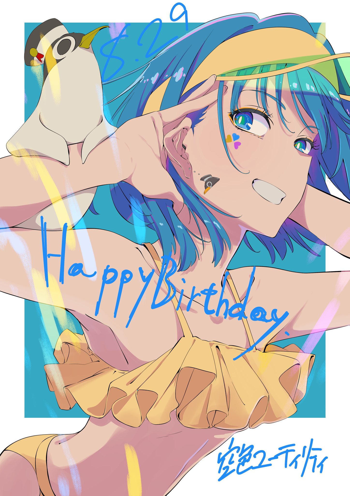 saitou kengo, aoba minami, sorairo utility, highres, 1girl, armpits, bare shoulders, bikini, bird, blue background, blue eyes, blue hair, border, collarbone, cupping ears, earrings, frilled bikini, frills, grin, hands up, happy birthday, heart on cheek, jewelry, listening, looking at viewer, penguin, short hair, smile, solo, swimsuit, visor cap, white border, yellow bikini