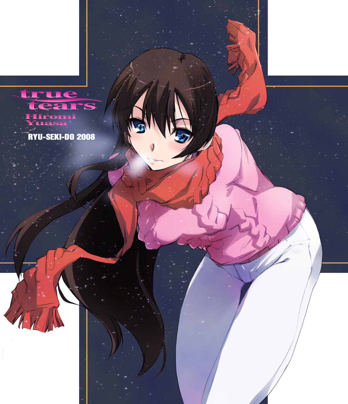 nagare hyougo, yuasa hiromi, true tears, highres, 00s, 1girl, 2008, blue eyes, blush, brown hair, character name, cold, copyright name, female focus, leaning forward, long hair, pants, purple eyes, red scarf, scarf, solo, sweater, thigh gap