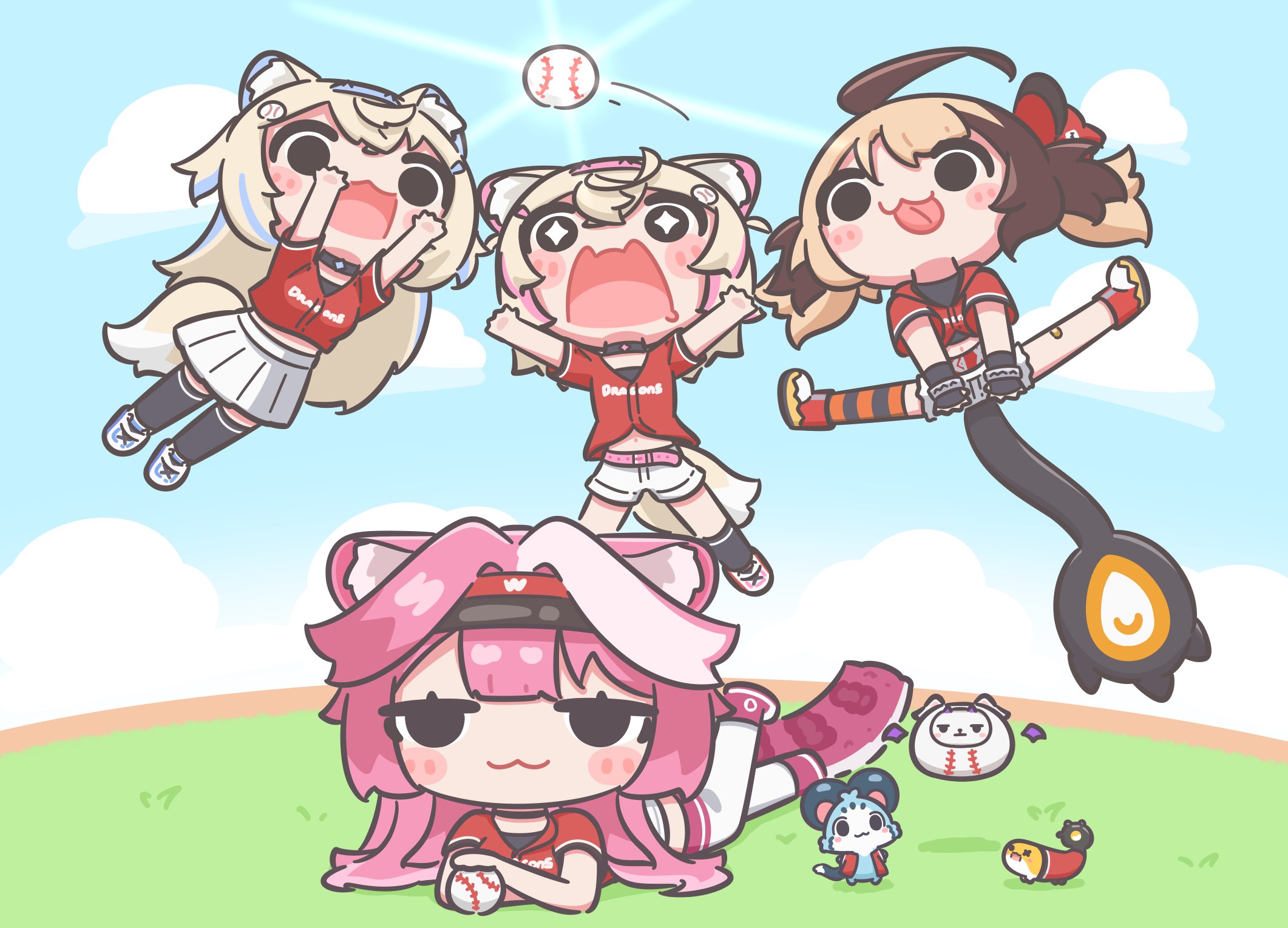 mpien, chattino (raora panthera), fuwawa abyssgard, gigi murin, grem (gigi murin), mococo abyssgard, perroccino (fuwamoco), raora panthera, hololive, hololive english, highres, + +, 4girls, :3, ahoge, alternate costume, animal ears, bandaid, bandaid on knee, bandaid on leg, baseball, baseball cap, baseball hair ornament, baseball uniform, blonde hair, blue hair, blush stickers, brown hair, costume, dog ears, dog tail, drooling, fetch, hair ornament, hair ribbon, hairband, hairclip, hat, jitome, long hair, lying, medium hair, multicolored hair, multiple girls, on stomach, open mouth, panther ears, panther girl, panther tail, pink hair, ribbon, shoes, shorts, skirt, smile, smirk, split, sportswear, streaked hair, striped leggings, tail, thighhighs, tongue, tongue out, twintails, virtual youtuber, wei chuan dragons, white hair