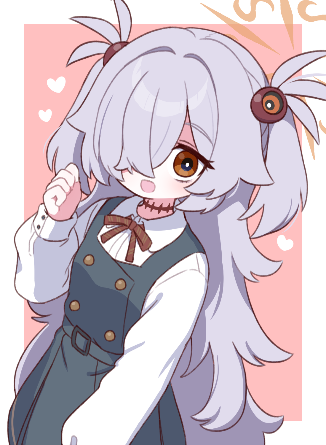 naga u, kanoe (blue archive), blue archive, commentary, highres, 1girl, bags under eyes, black dress, border, breasts, brown eyes, brown halo, brown ribbon, collared shirt, dress, grey hair, hair over one eye, halo, heart, long hair, long sleeves, looking at viewer, neck ribbon, open mouth, outside border, pinafore dress, puffy long sleeves, puffy sleeves, red background, ribbon, shirt, simple background, sleeveless, sleeveless dress, small breasts, solo, two side up, very long hair, wavy hair, white border, white shirt