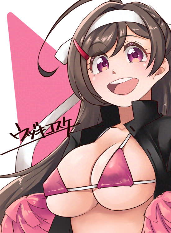 udukikosuke, mamiya (kancolle), kantai collection, commentary request, commission, skeb commission, 1girl, ahoge, artist name, bikini, black jacket, breasts, brown hair, gakuran, hairband, jacket, large breasts, open mouth, pom pom (cheerleading), red bikini, red eyes, round teeth, school uniform, solo, swimsuit, teeth, upper body, upper teeth only, white hairband