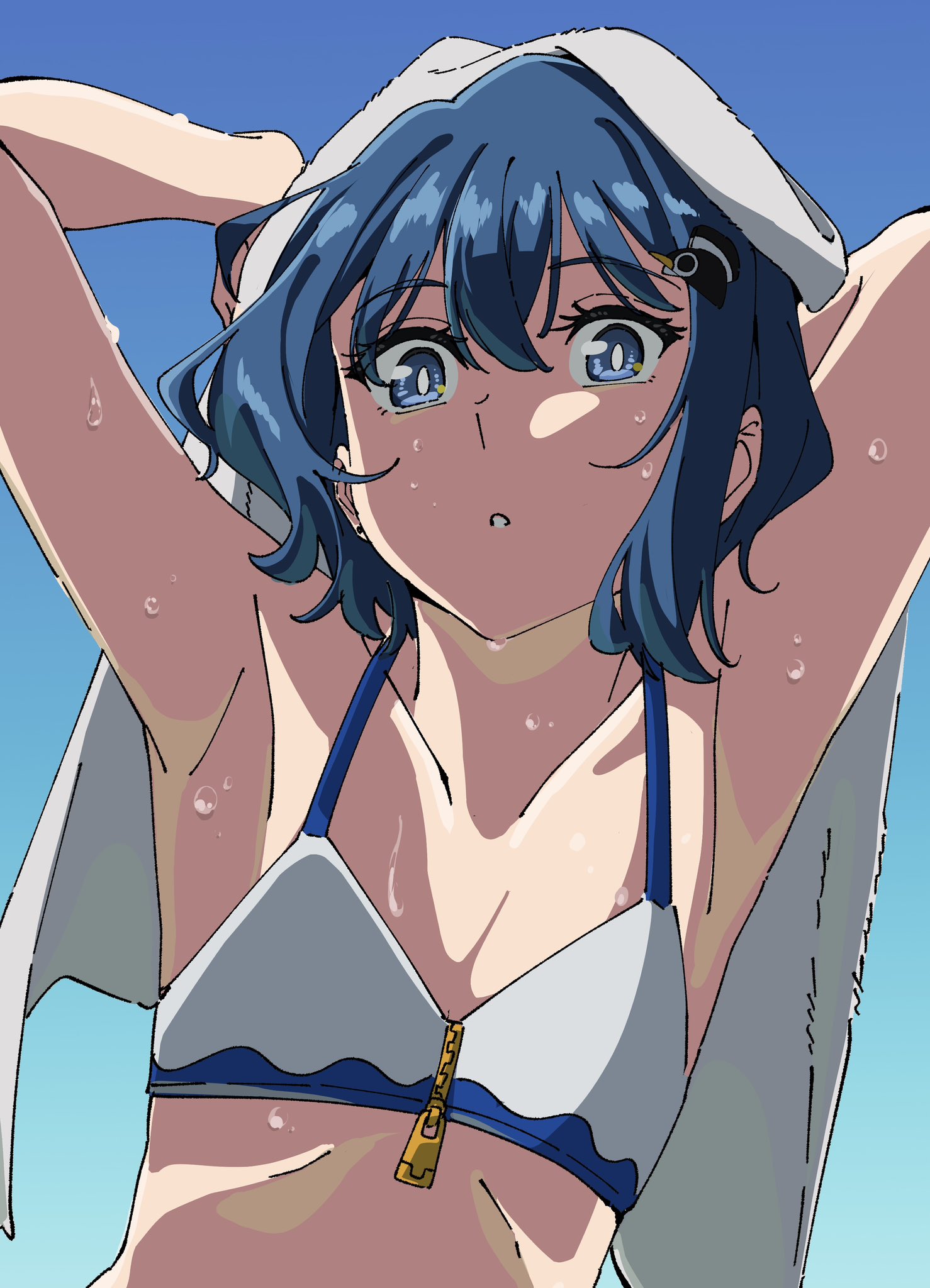 saitou kengo, aoba minami, sorairo utility, highres, 1girl, armpits, arms up, bikini, blue background, blue eyes, blue hair, drying, drying hair, hair ornament, holding, holding towel, looking at viewer, short hair, solo, sweat, swimsuit, towel, wet, white bikini, zipper bikini
